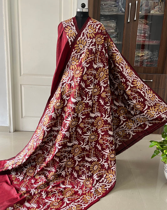 Maroon Kantha Stitch Hand Embroidered Pure Banglore Silk Saree