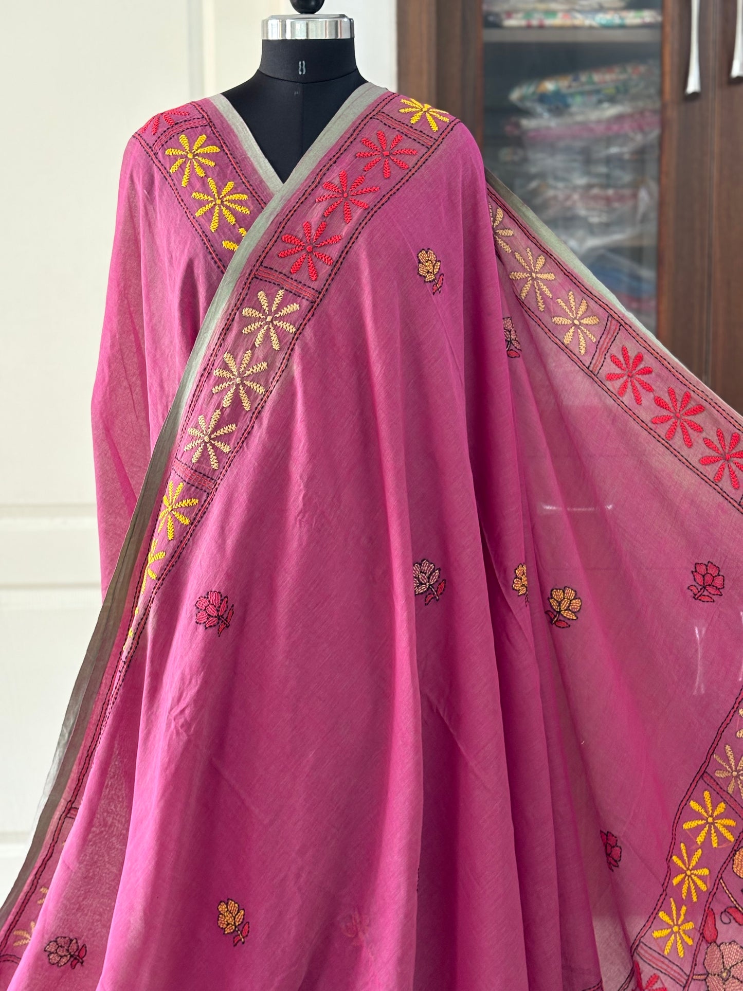 Kantha stitch Hand Embroidered Pure mul Cotton Saree