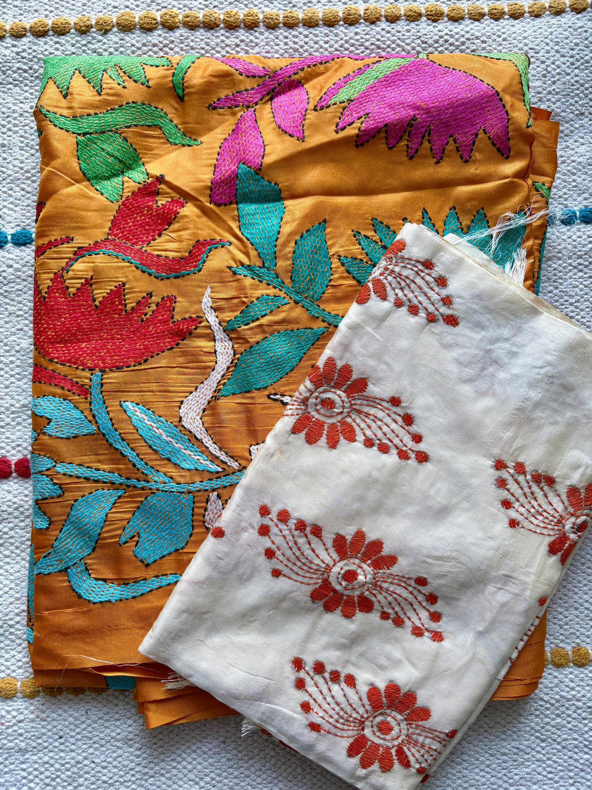 Kantha Stitch Hand Embroidered Saree | Blended Bangalore Silk / Art Silk | Muted Yellow