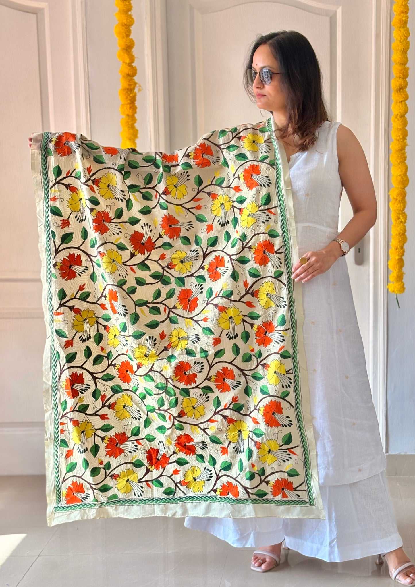 Nakshi Kantha Stitch Silk Dupatta 36”