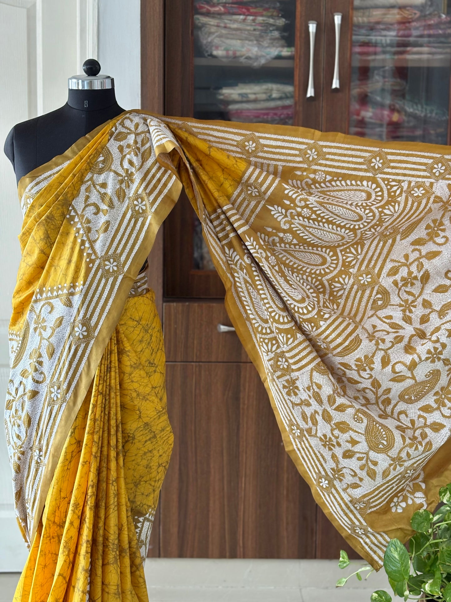 Kantha Hand Embroidered Hand Batik Art Silk Saree With Blouse