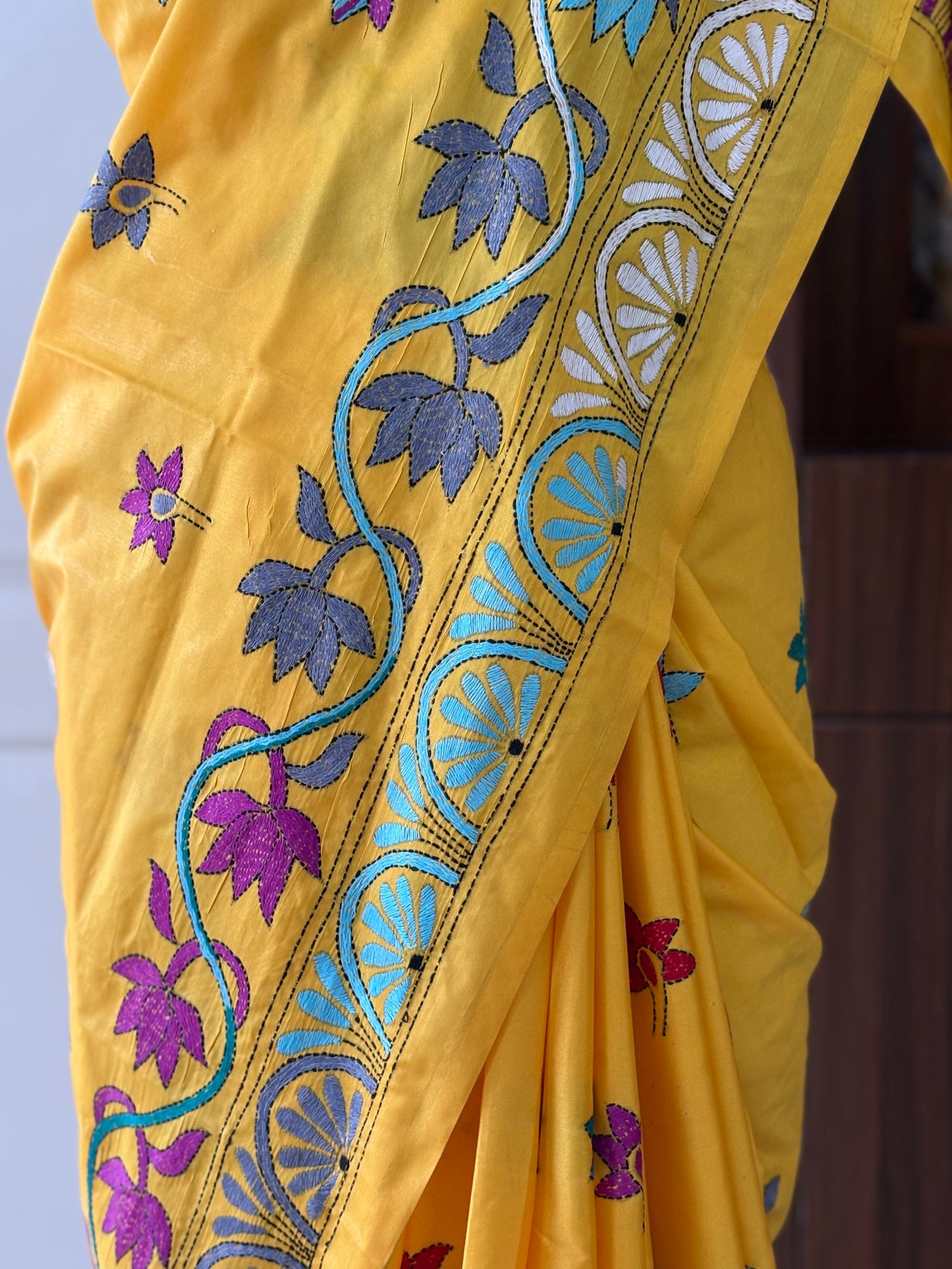 Kantha Hand Embroidered Blended Banglore Silk/Art Silk Saree With Blouse