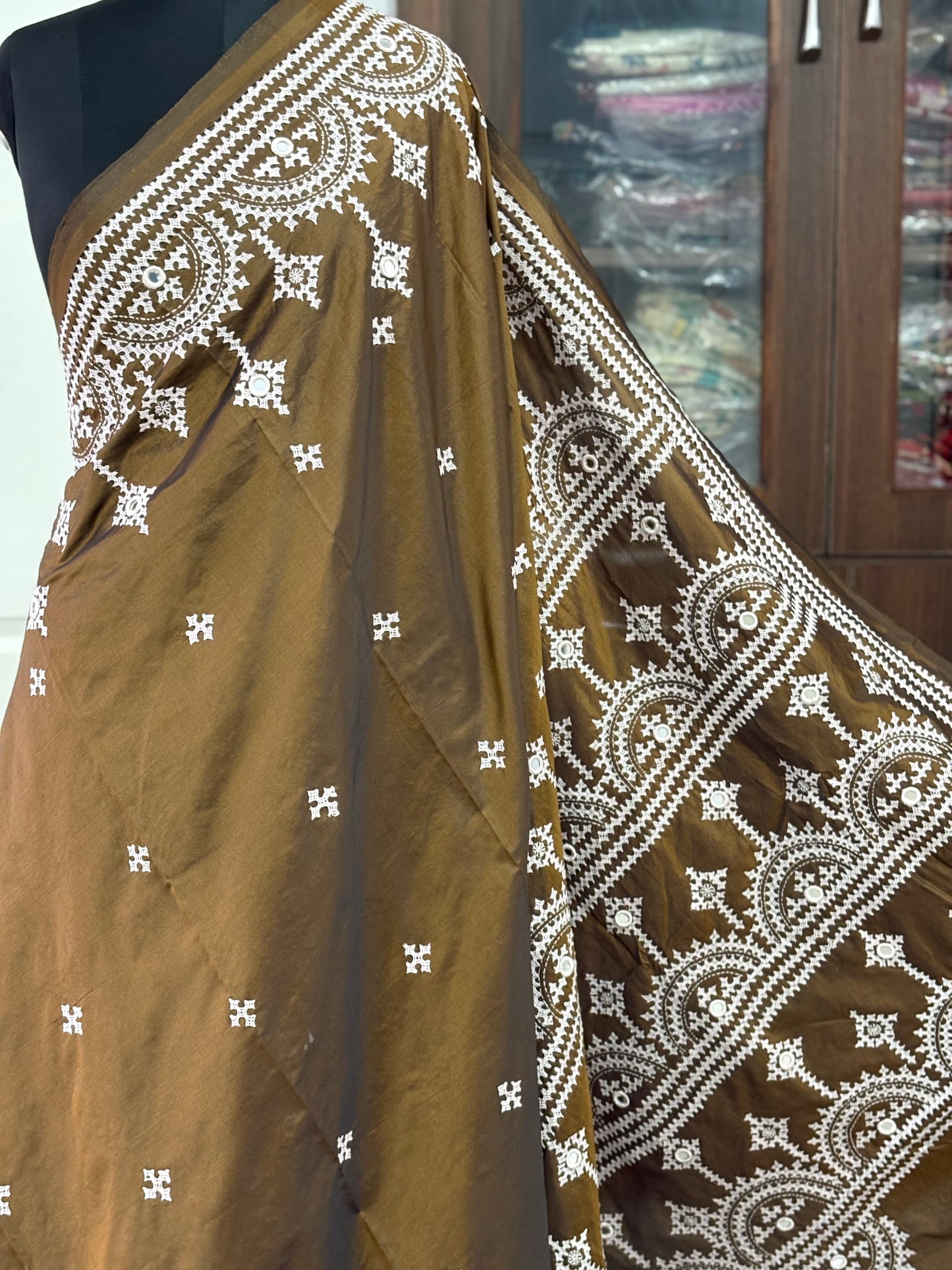 Mirror work Gujrati Stitch/Kutch Hand Embroidered Art Silk Saree