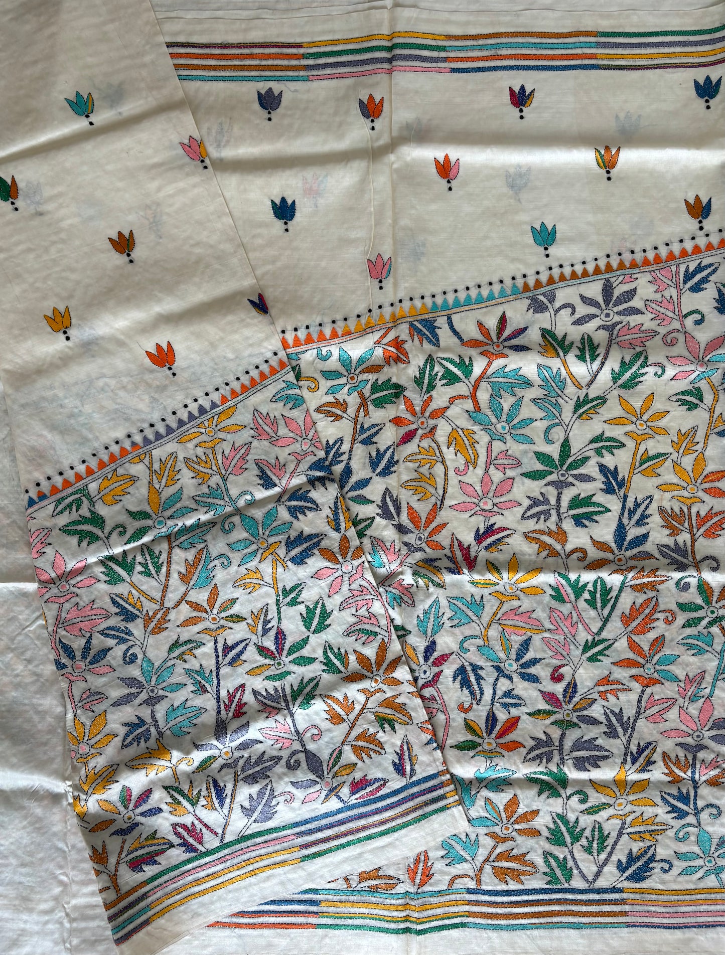 Off White Kantha Hand Embroidered Pure Tassar Silk Saree