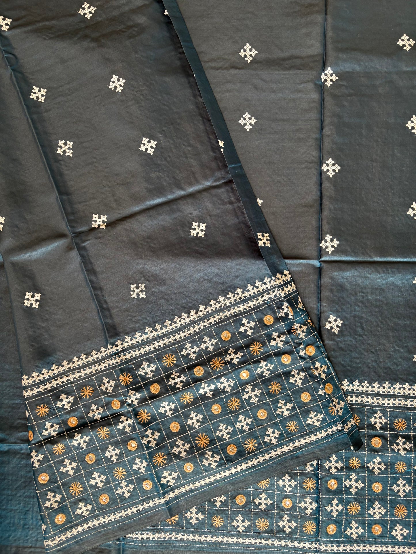 Gujrati Stitch/Kutch Hand Embroidered Art Silk Saree