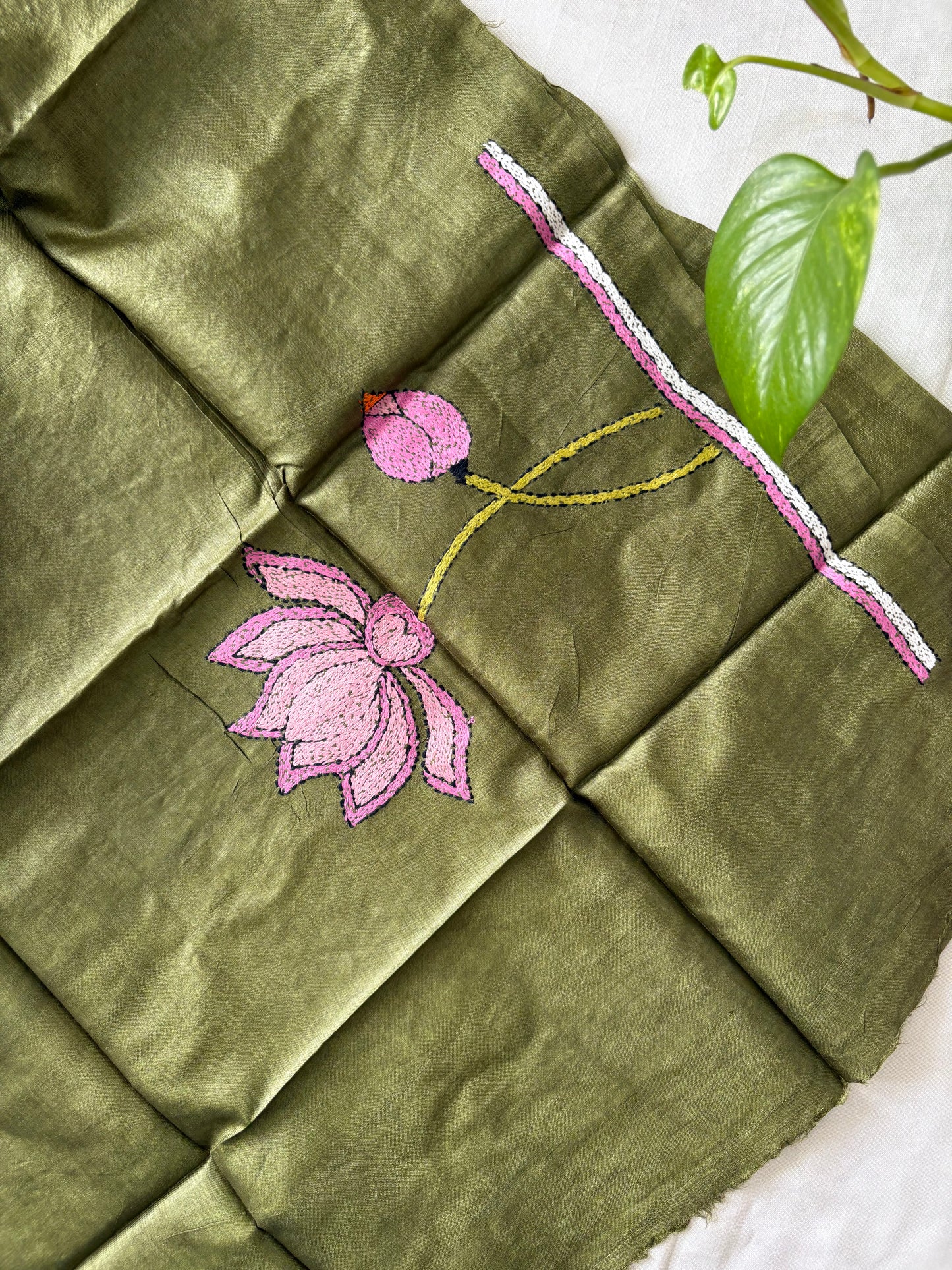 Kantha Stitch Pure Tassar Silk Blouse Piece - olive green