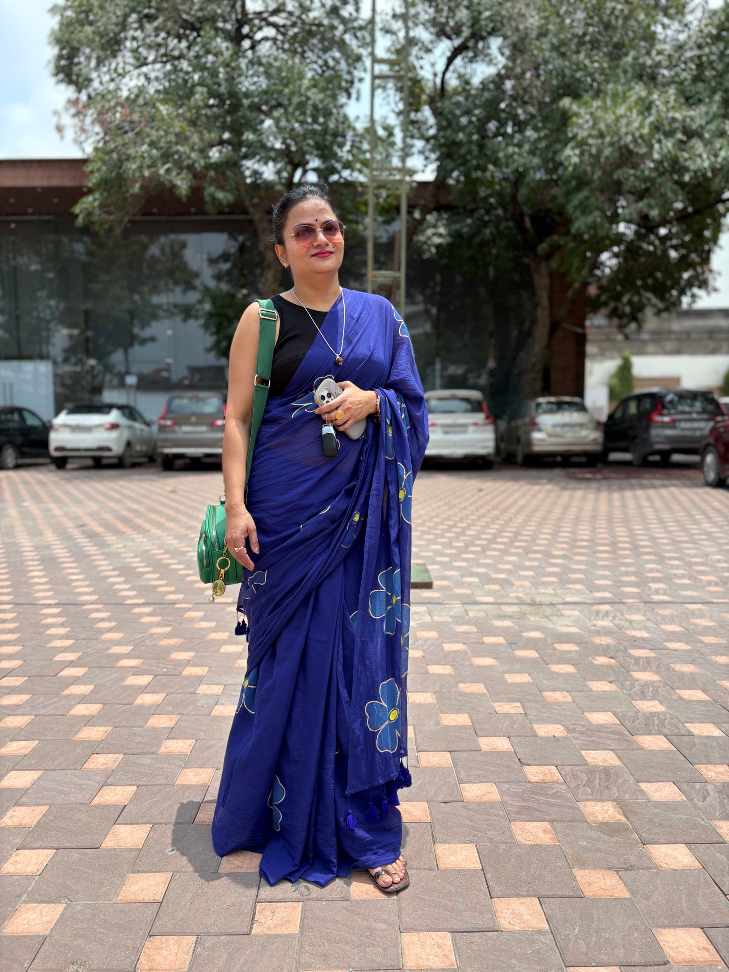 Hand Painted Mul Cotton Saree - Dark Blue