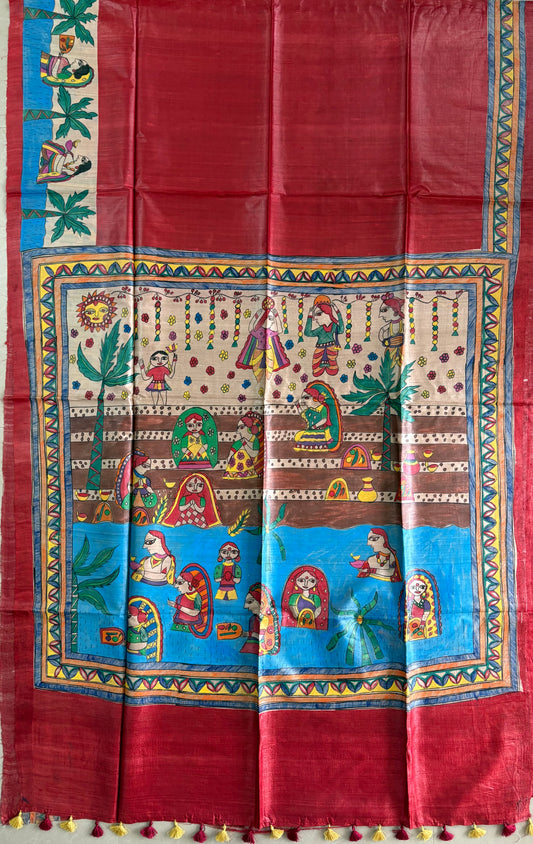Pure Desi Tussar Silk Handcrafted Madhubani Saree (Silk Marked)