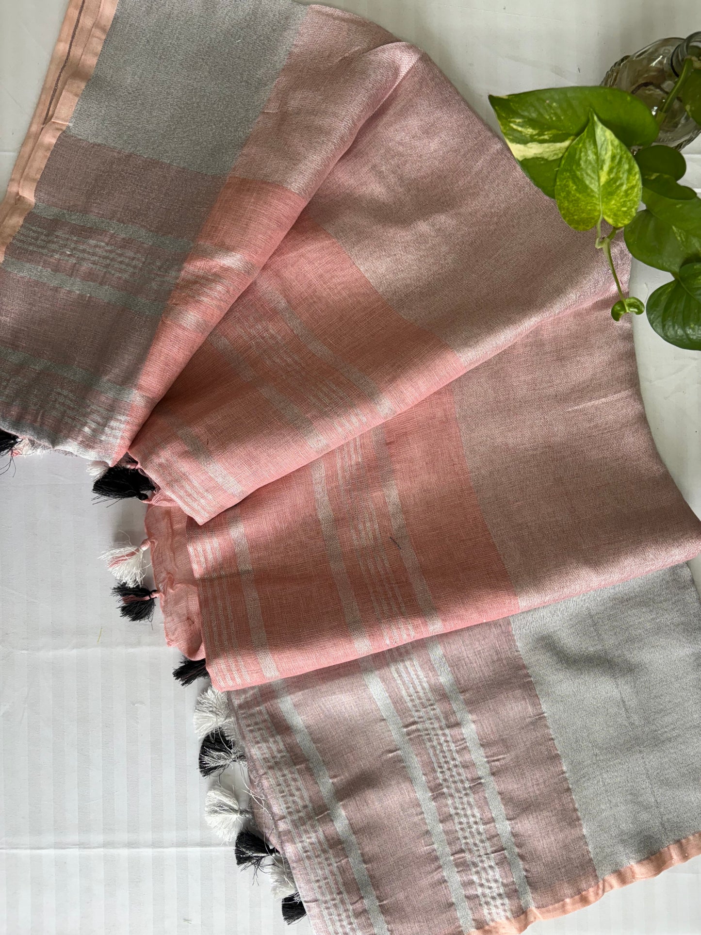 Peach silver pure Linen By Linen Saree With running Blouse