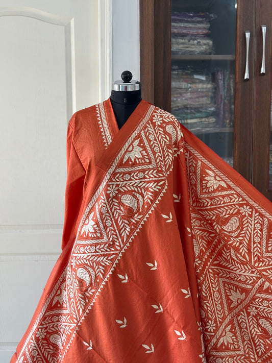 Kantha Hand Embroidered Pure Banglore Silk Saree (Silk Marked)