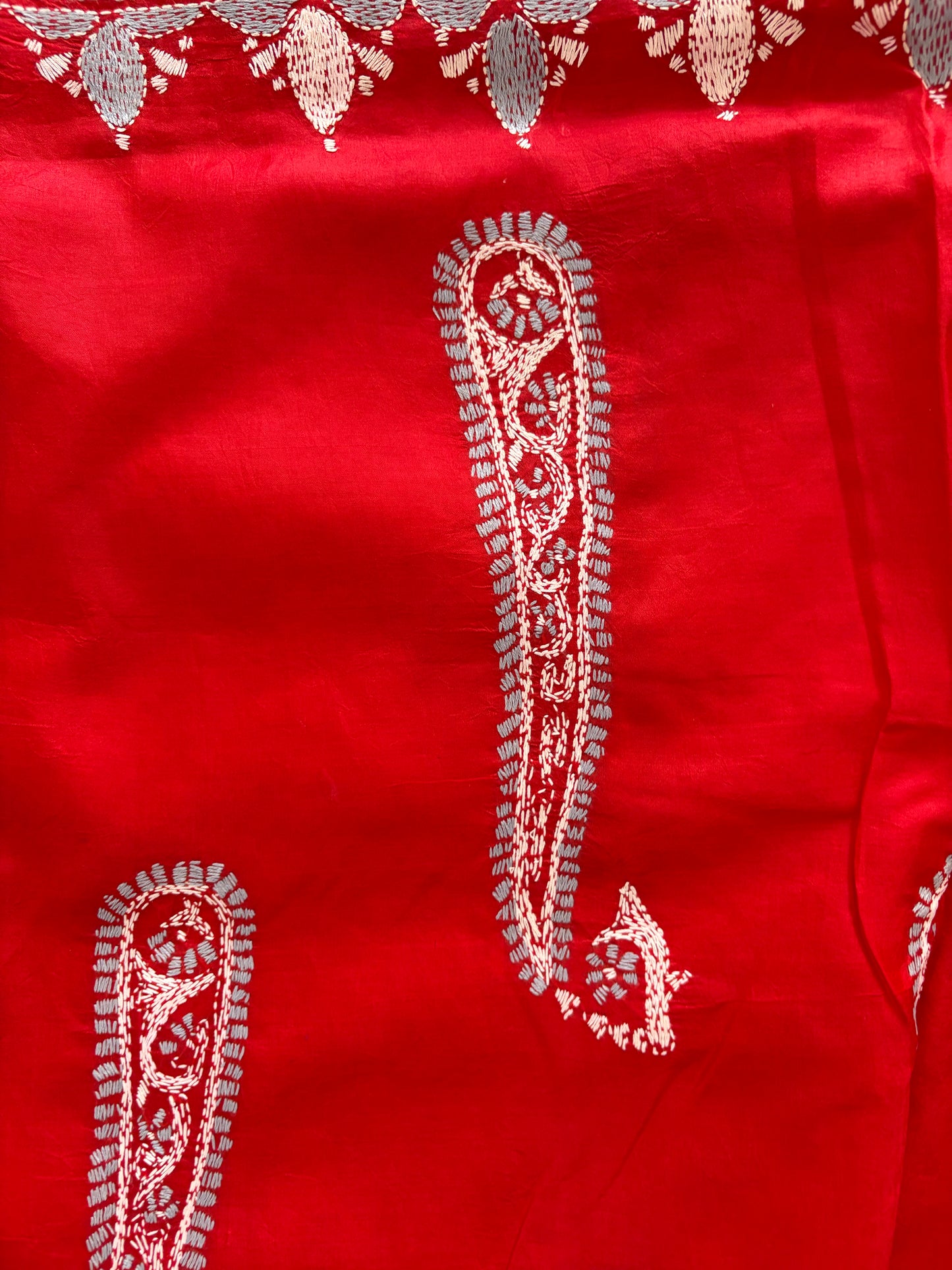 Red Kantha Stitch Hand Embroidered Pure Banglore Silk Saree (Silk Marked)