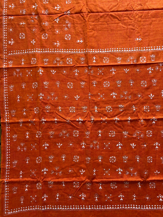 Kantha stitch Khadi Cotton Saree - Saffron