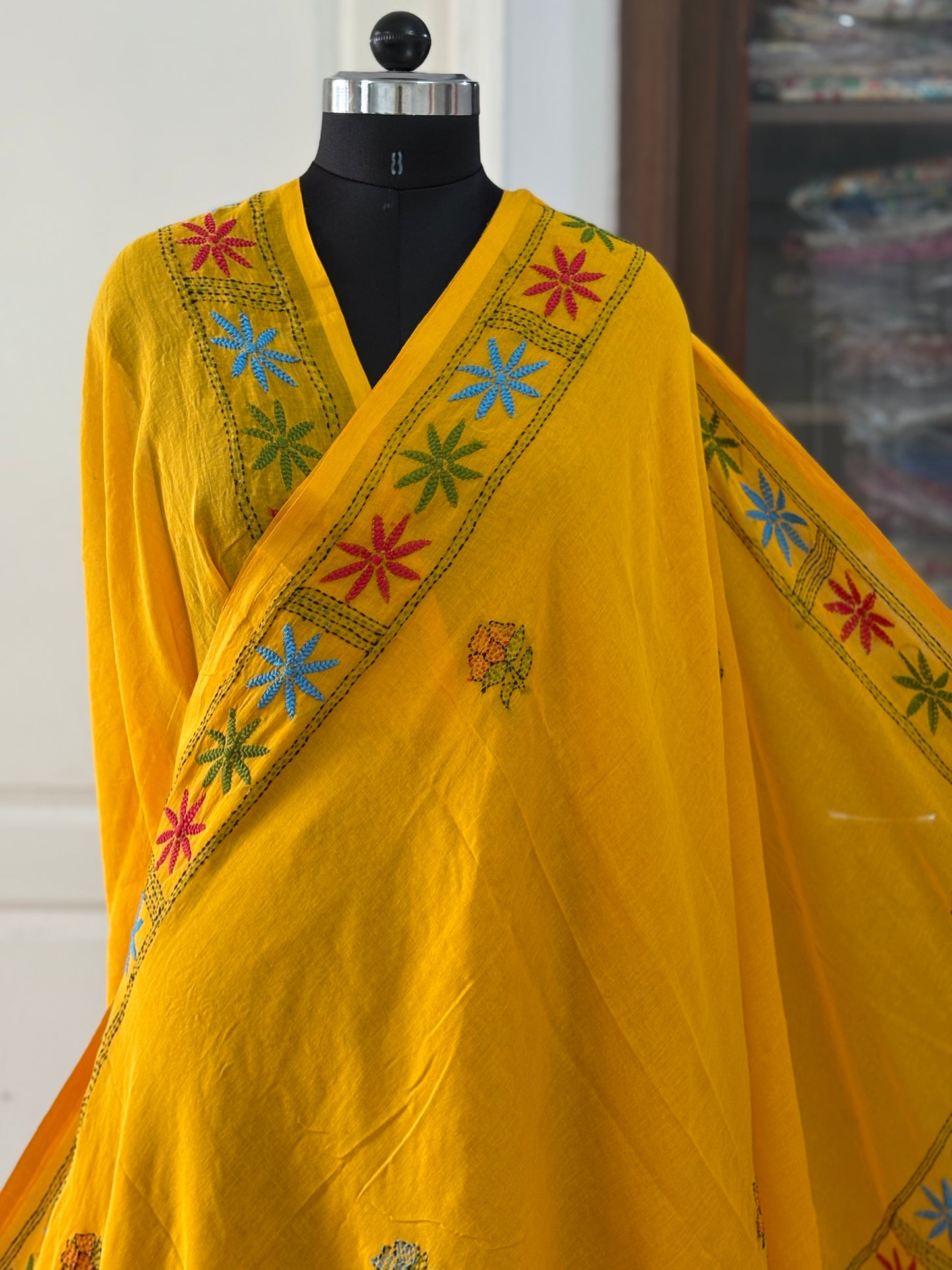 Kantha stitch Hand Embroidered Pure mul Cotton Saree