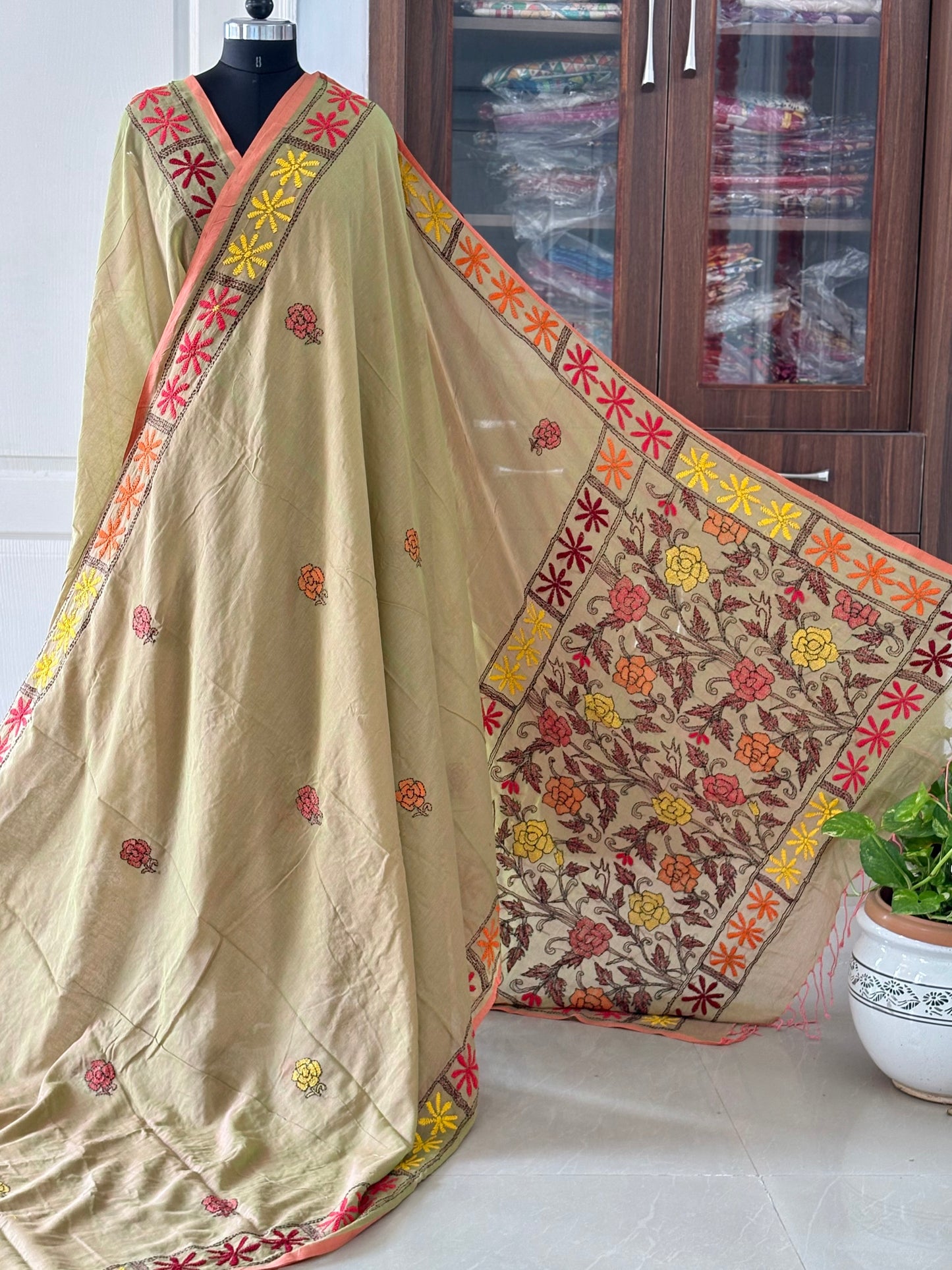 Kantha stitch Hand Embroidered Pure mul Cotton Saree