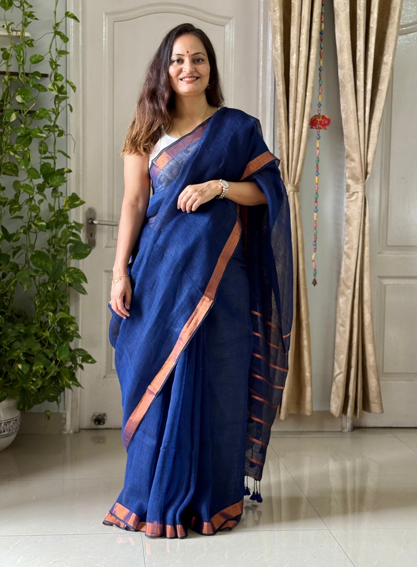 Navy Linen By Linen Saree With Blouse