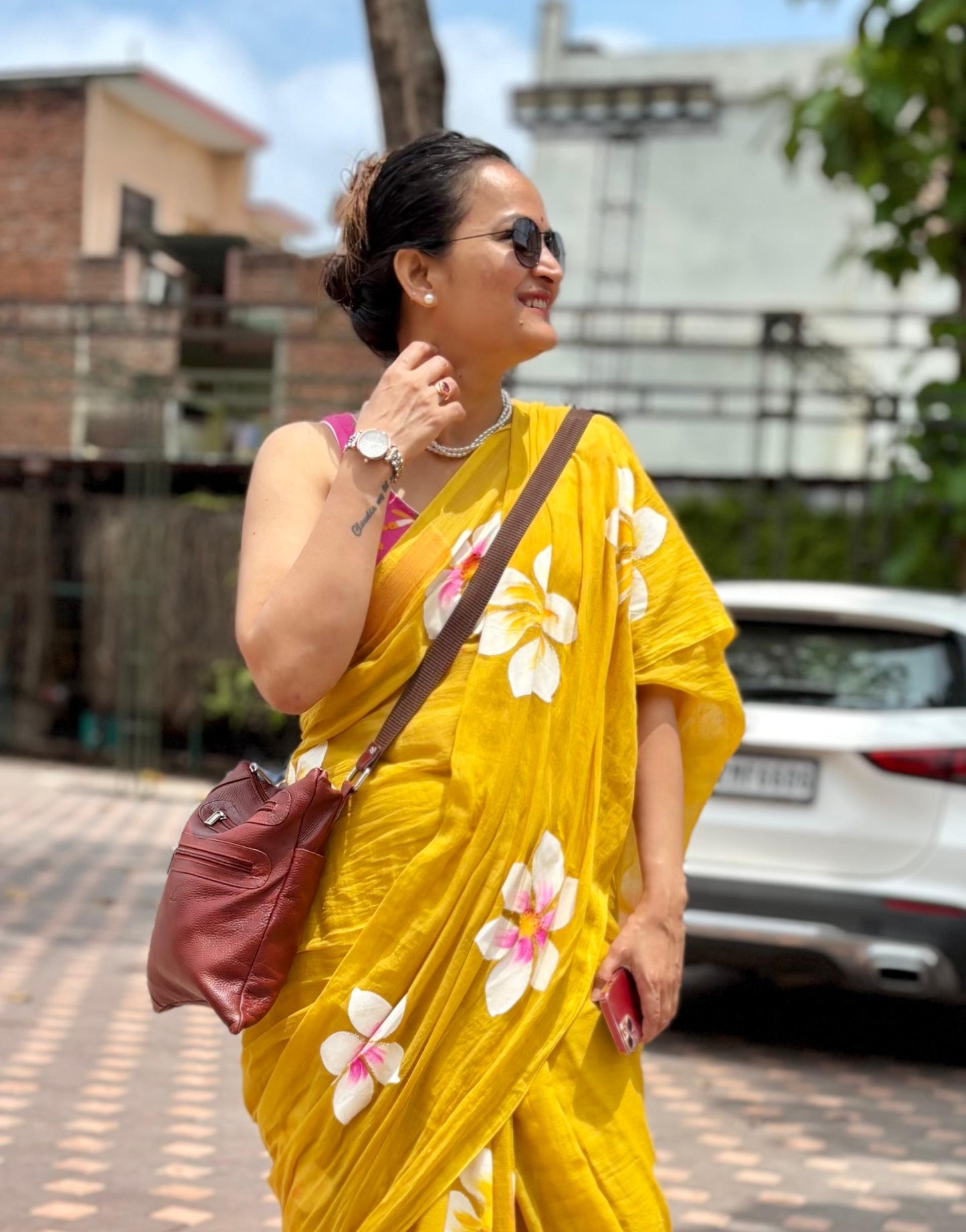Hand Painted Mul Cotton Saree - Mustard