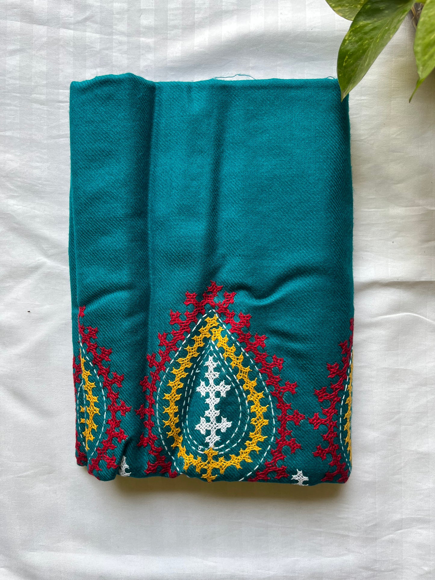 Gujrati Stitch Hand Embroidered Woollen Warm Shawl (Rama Green)