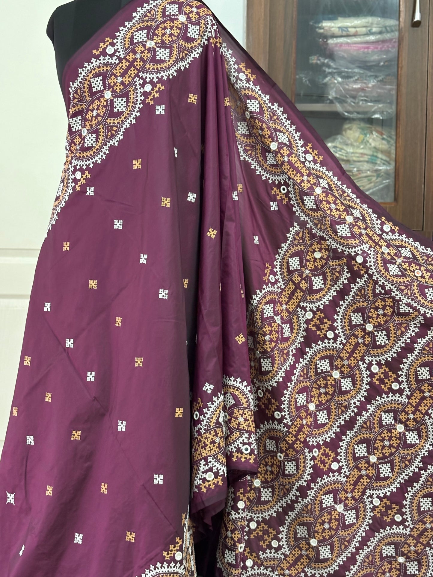 Mirror work Gujrati Stitch/Kutch Hand Embroidered Art Silk Saree