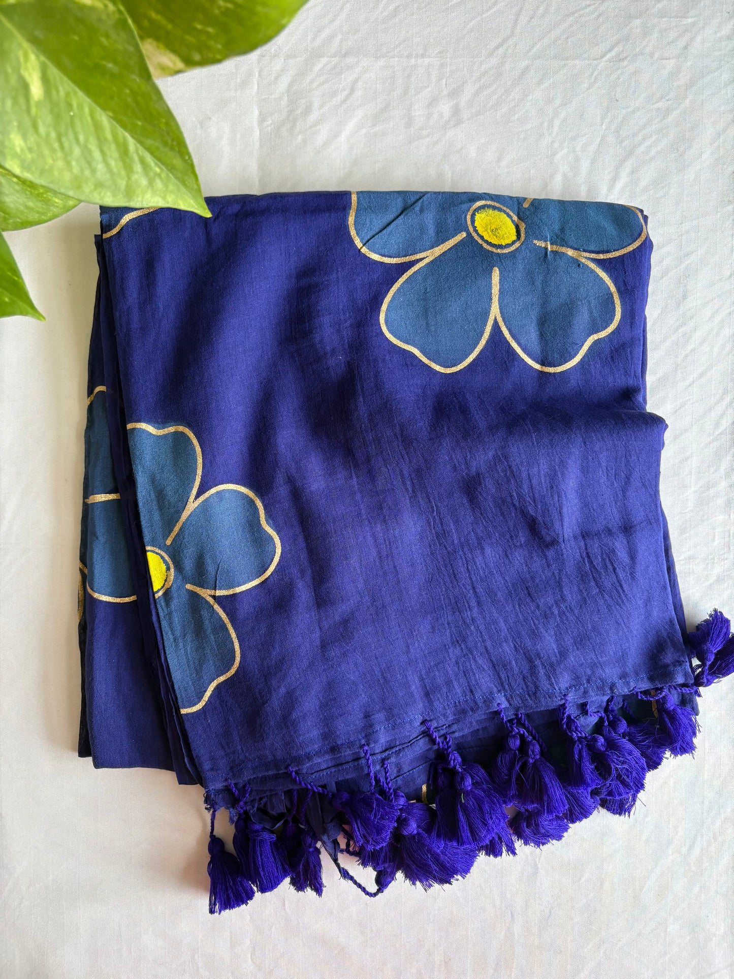 Hand Painted Mul Cotton Saree - Dark Blue