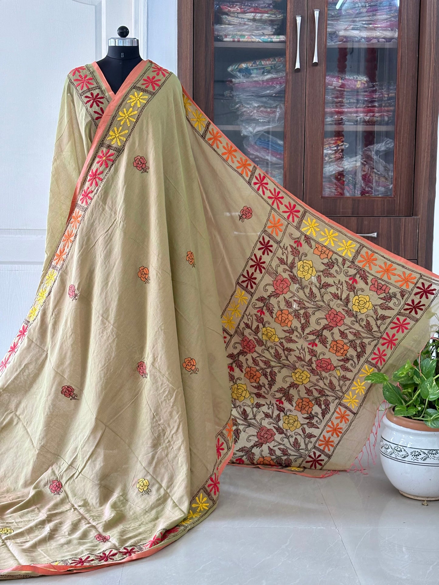 Kantha stitch Hand Embroidered Pure mul Cotton Saree