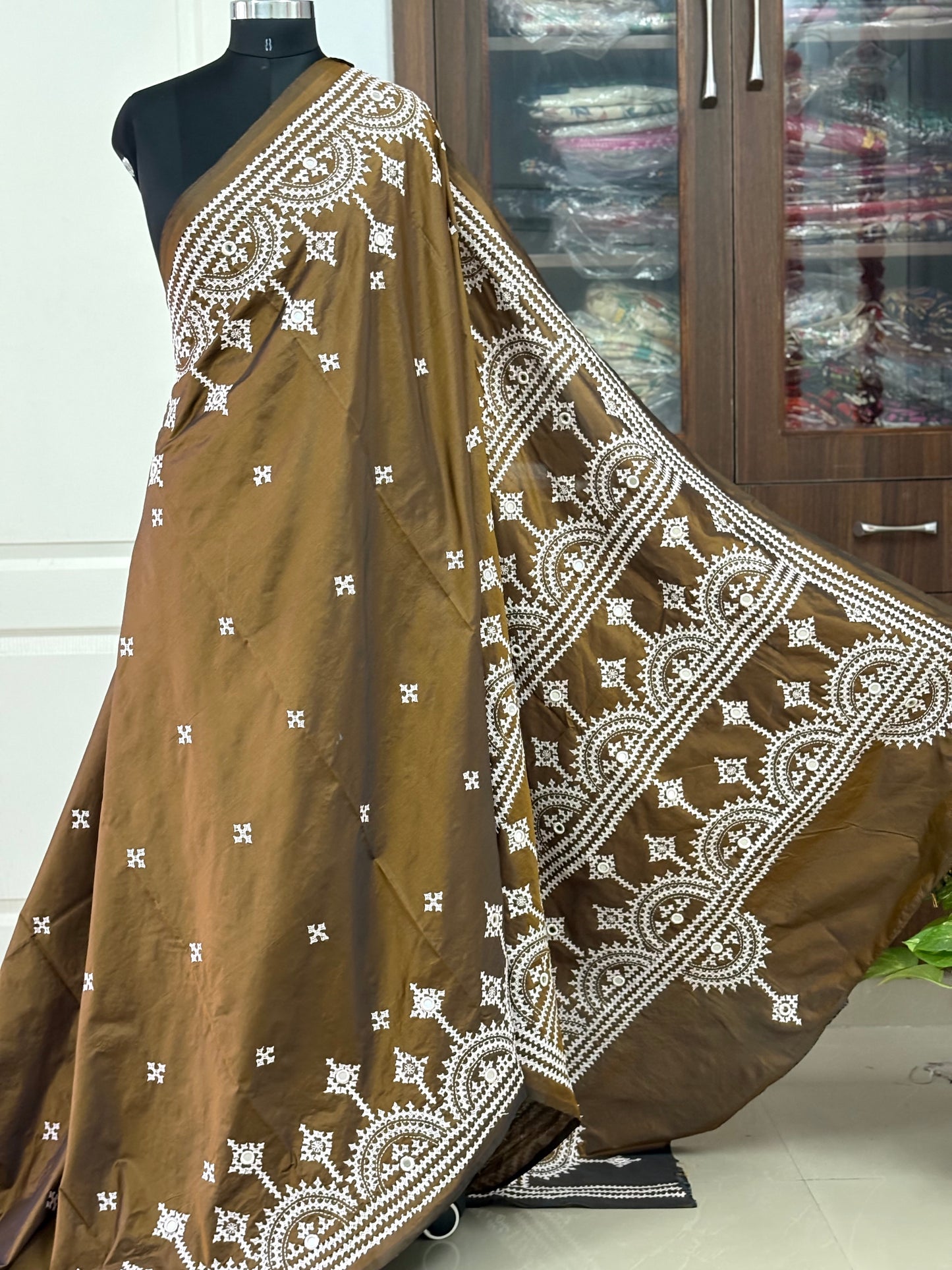 Mirror work Gujrati Stitch/Kutch Hand Embroidered Art Silk Saree