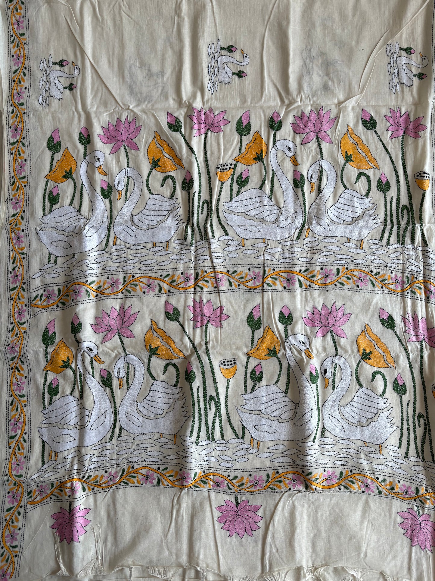 Kantha Khadi Cotton Saree - off white