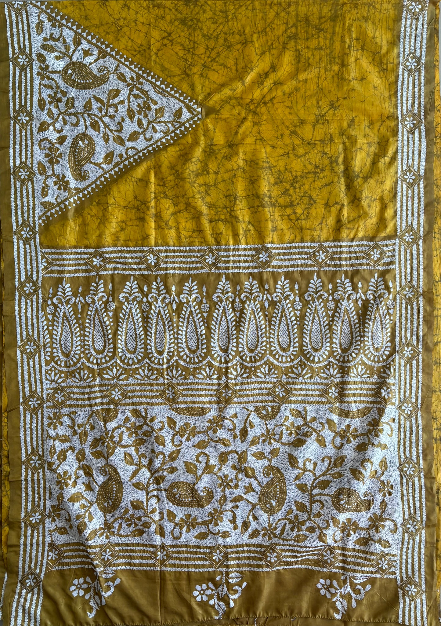 Reverse Kantha Hand Embroidered Hand Batik Art Silk Saree With Blouse