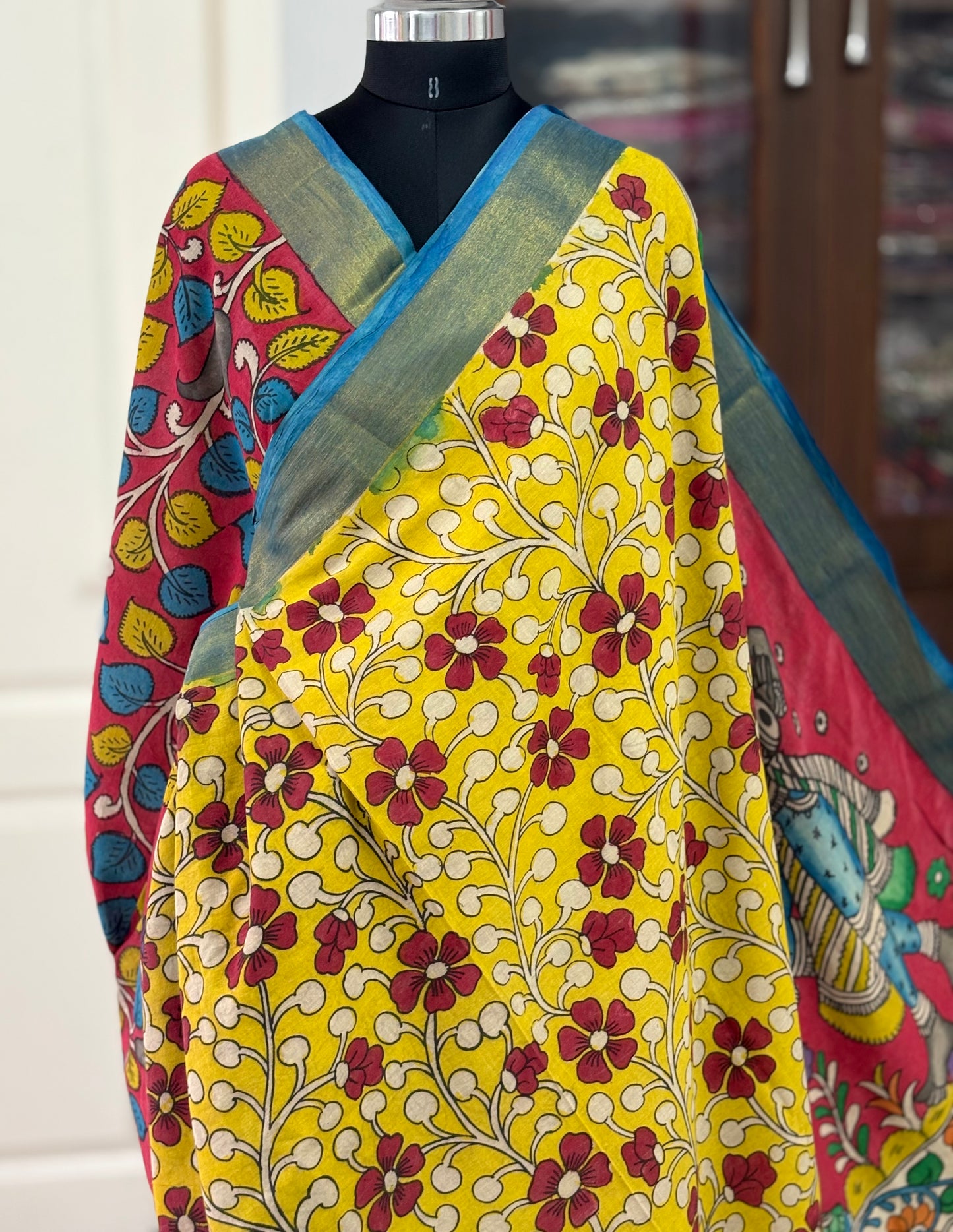 Pen Kalamkari hand painted pure cotton Saree with blouse