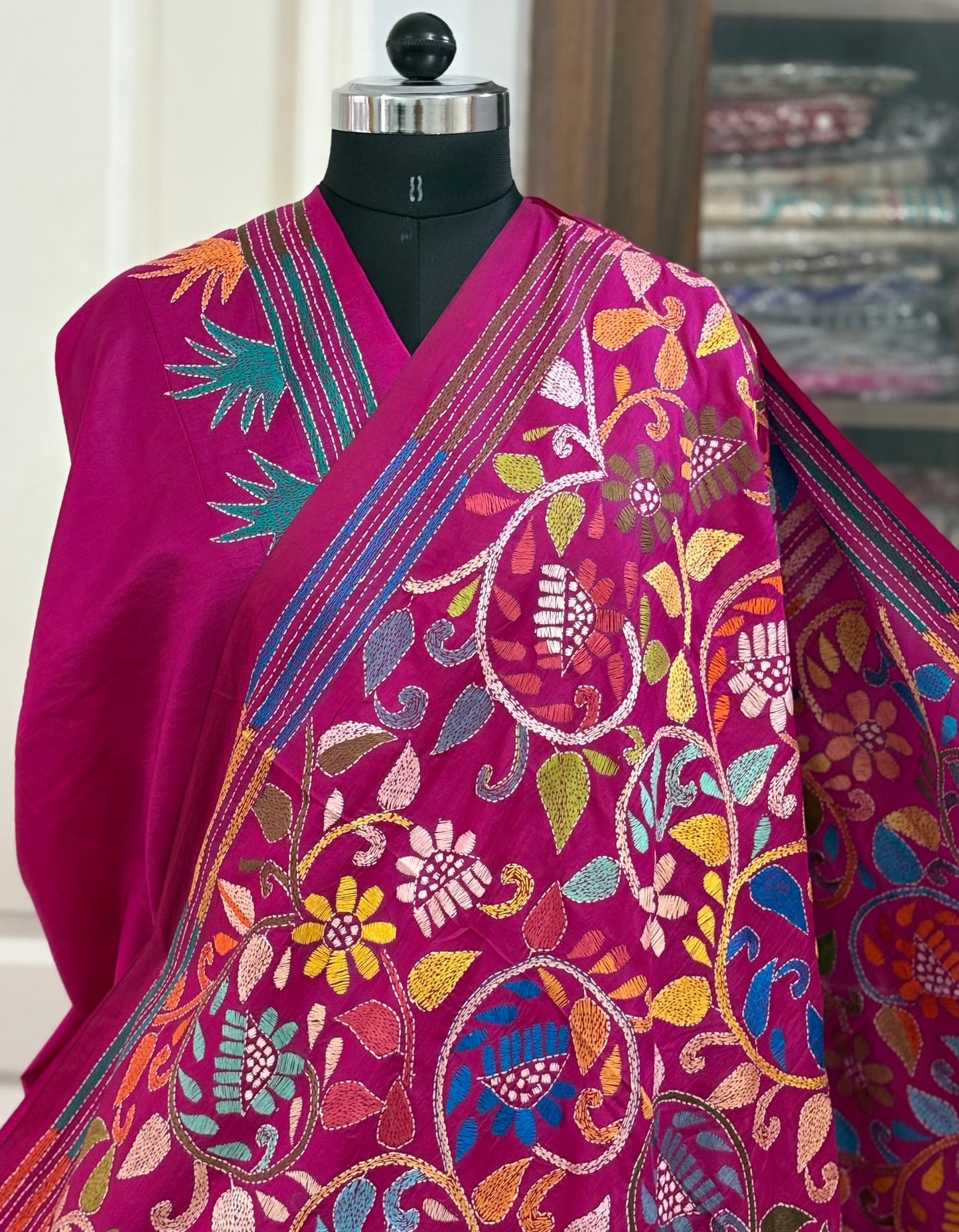 Kantha Stitch Hand Embroidered Pure Banglore Silk Batik Saree (Silk Marked)