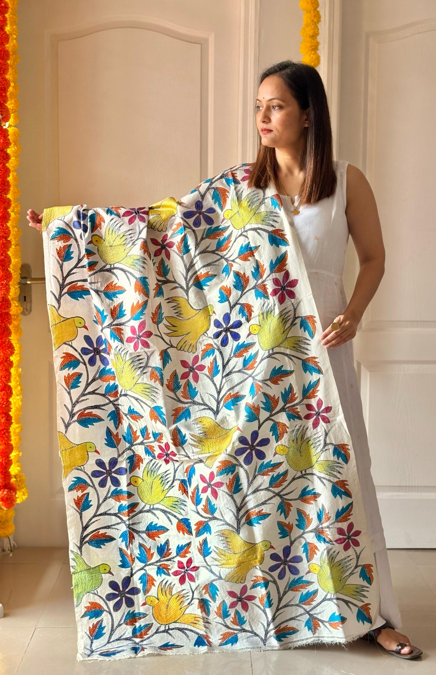 Kantha Hand Painted Semi Tusshar Silk Dupatta 36”
