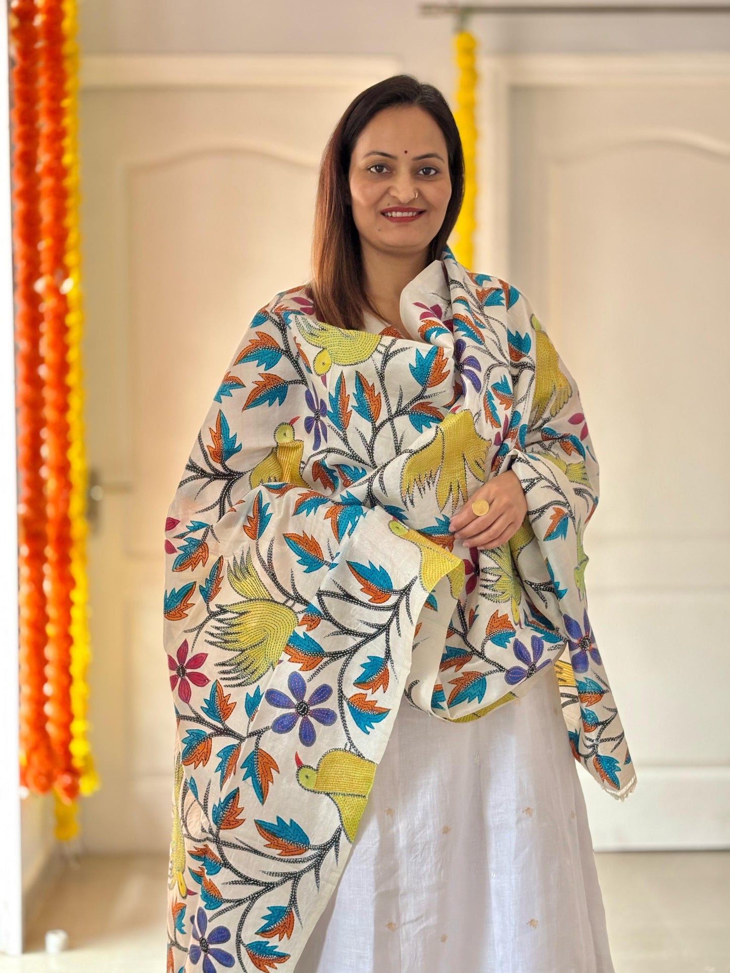 Kantha Hand Painted Semi Tusshar Silk Dupatta 36”