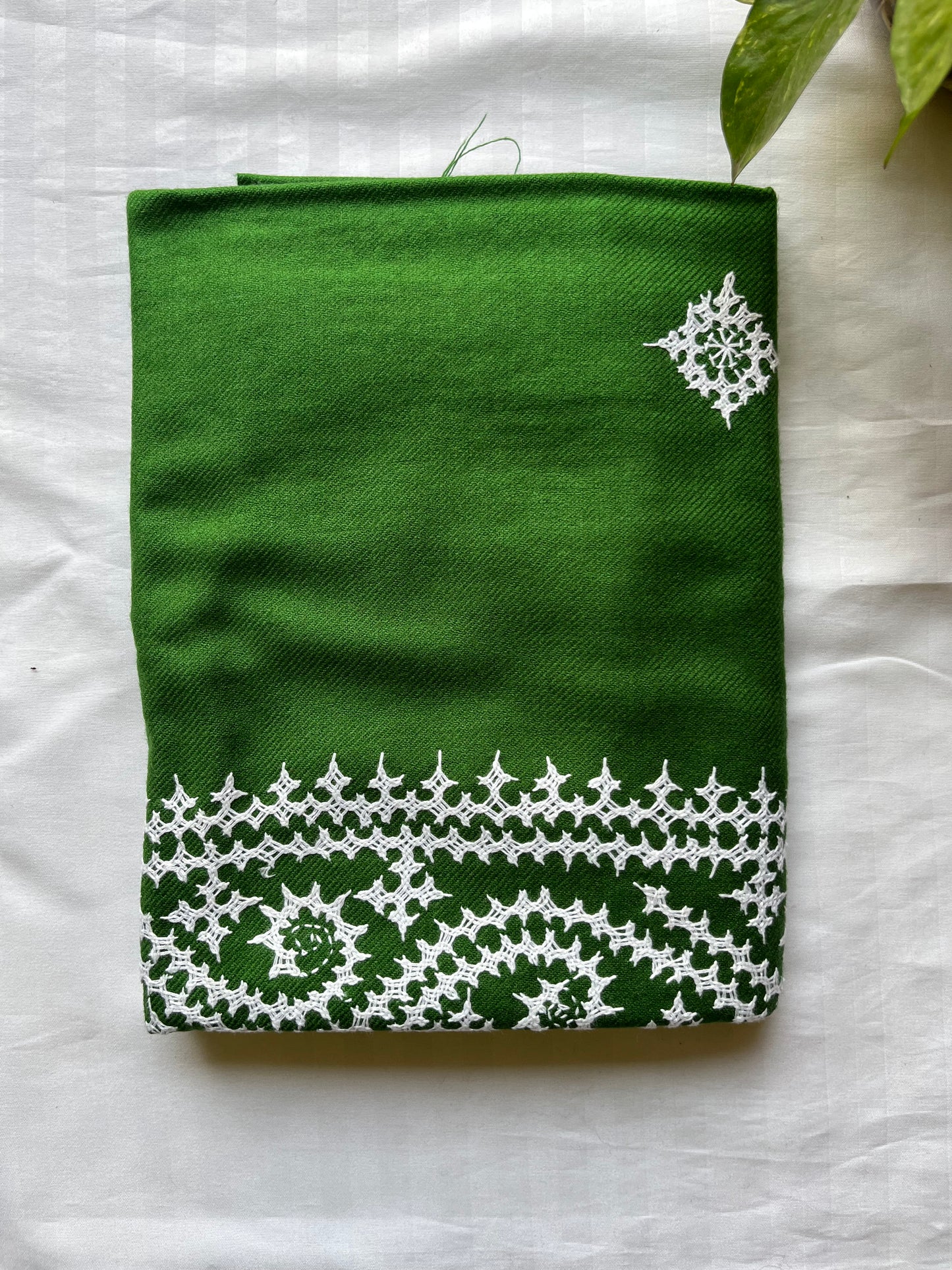 Gujrati Stitch Hand Embroidered Woollen Warm Shawl (Parrot Green)