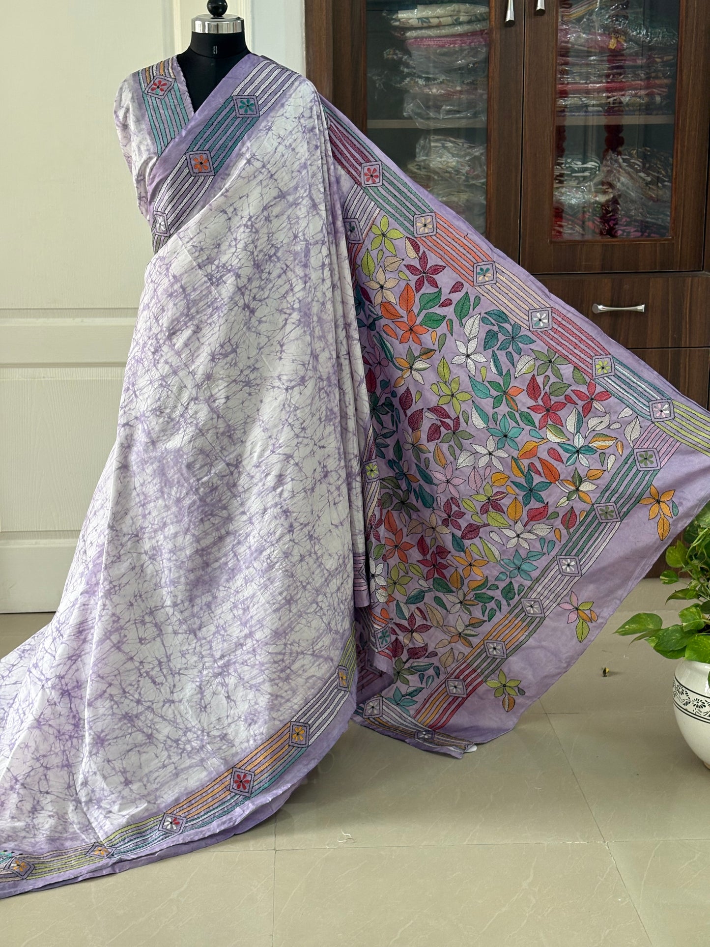 Kantha Hand Embroidered Hand Batik Art Silk Saree With Blouse