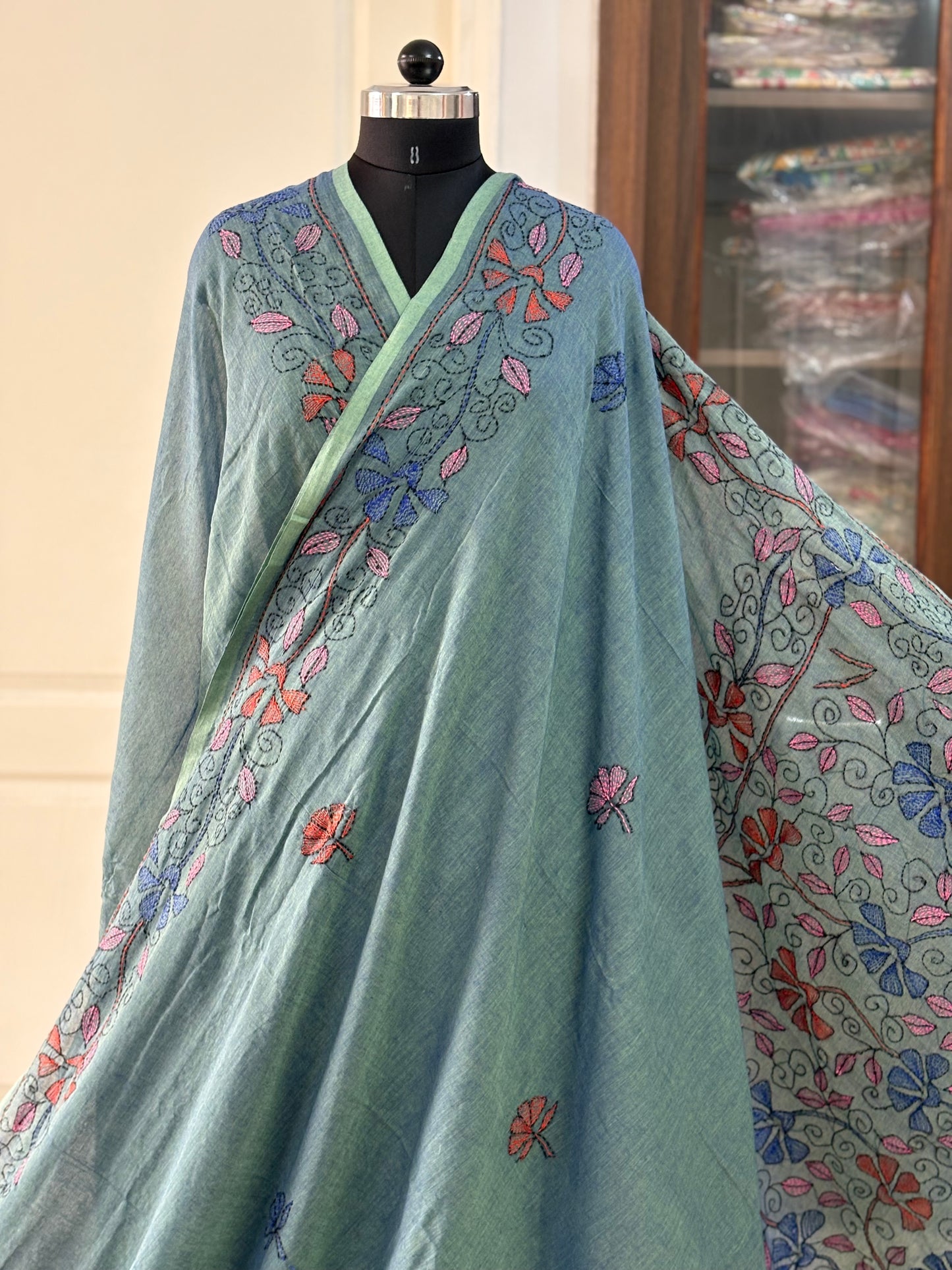 Kantha stitch Hand Embroidered Pure mul Cotton Saree