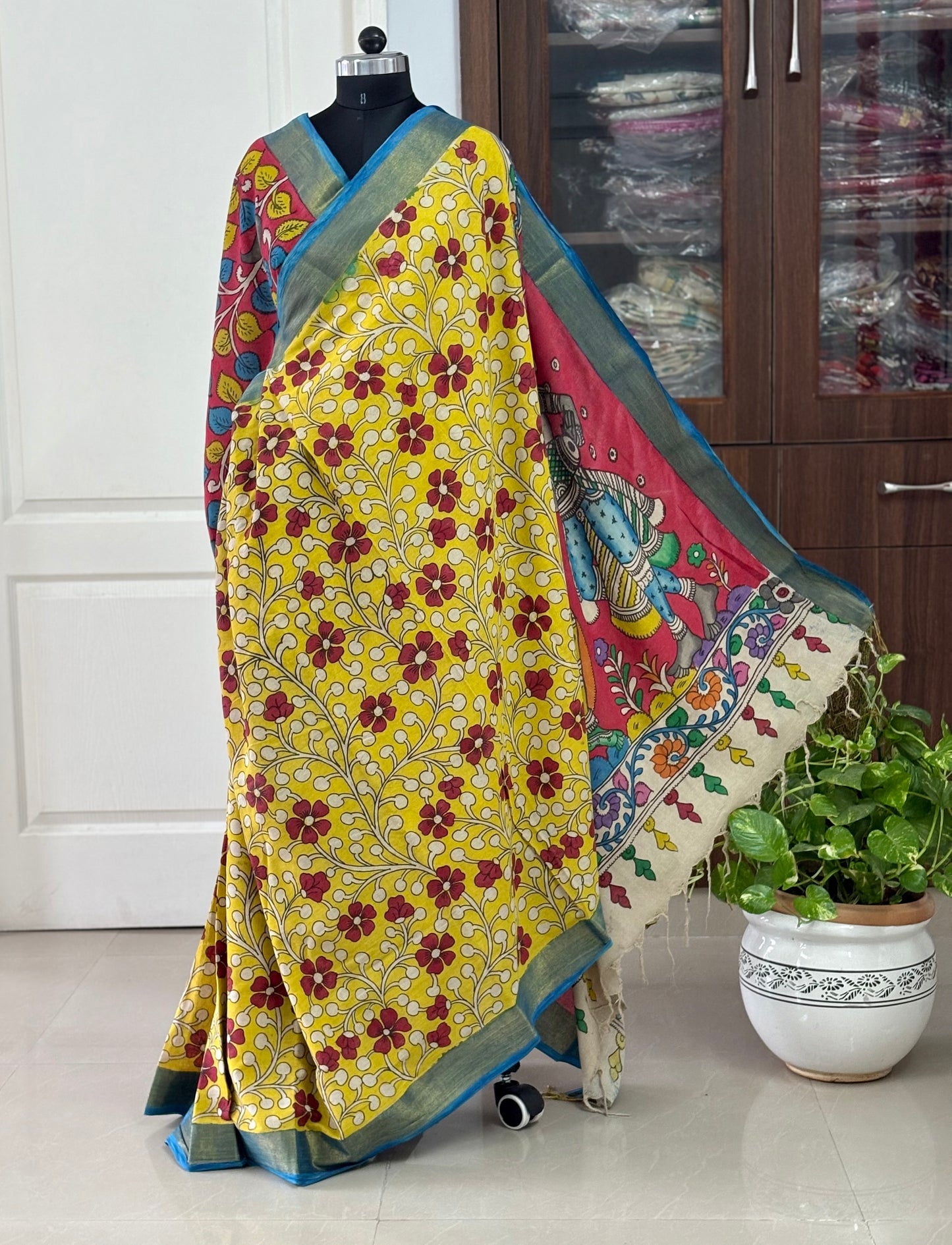Pen Kalamkari hand painted pure cotton Saree with blouse