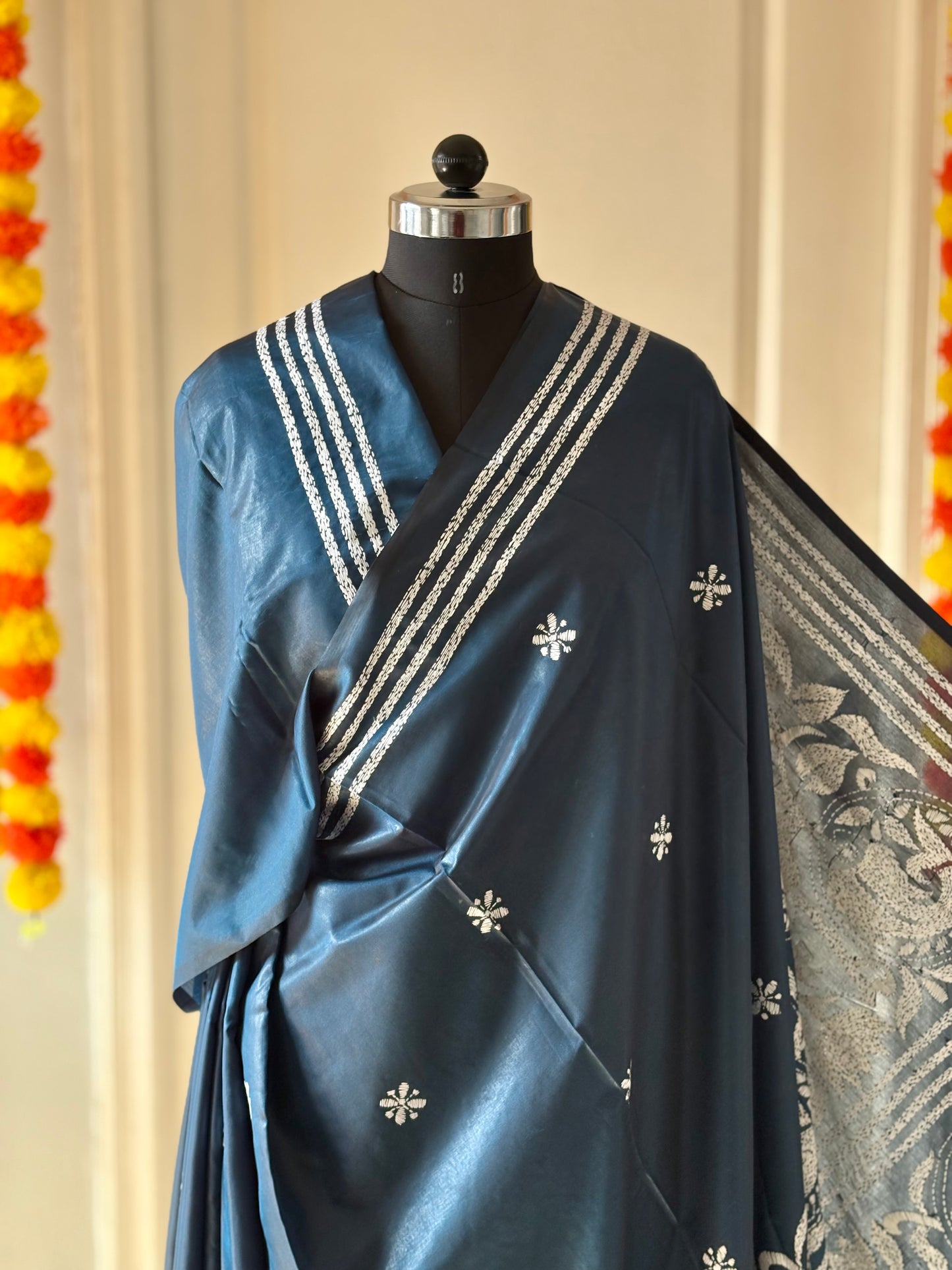 Kantha Hand Embroidered Blended Banglore Silk/Art Silk Saree With Blouse