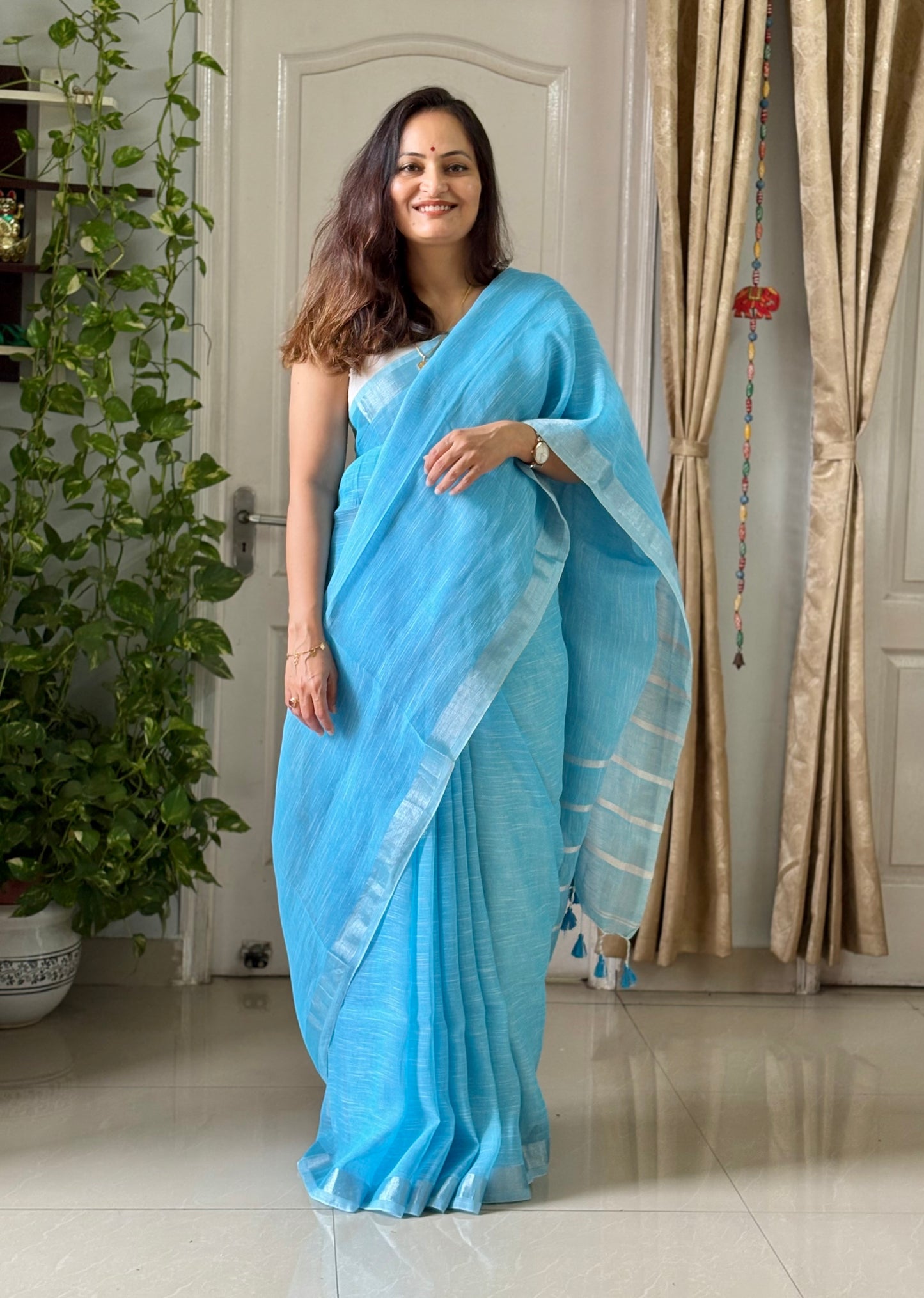 Linen By Linen Saree With Blouse - Sky Blue