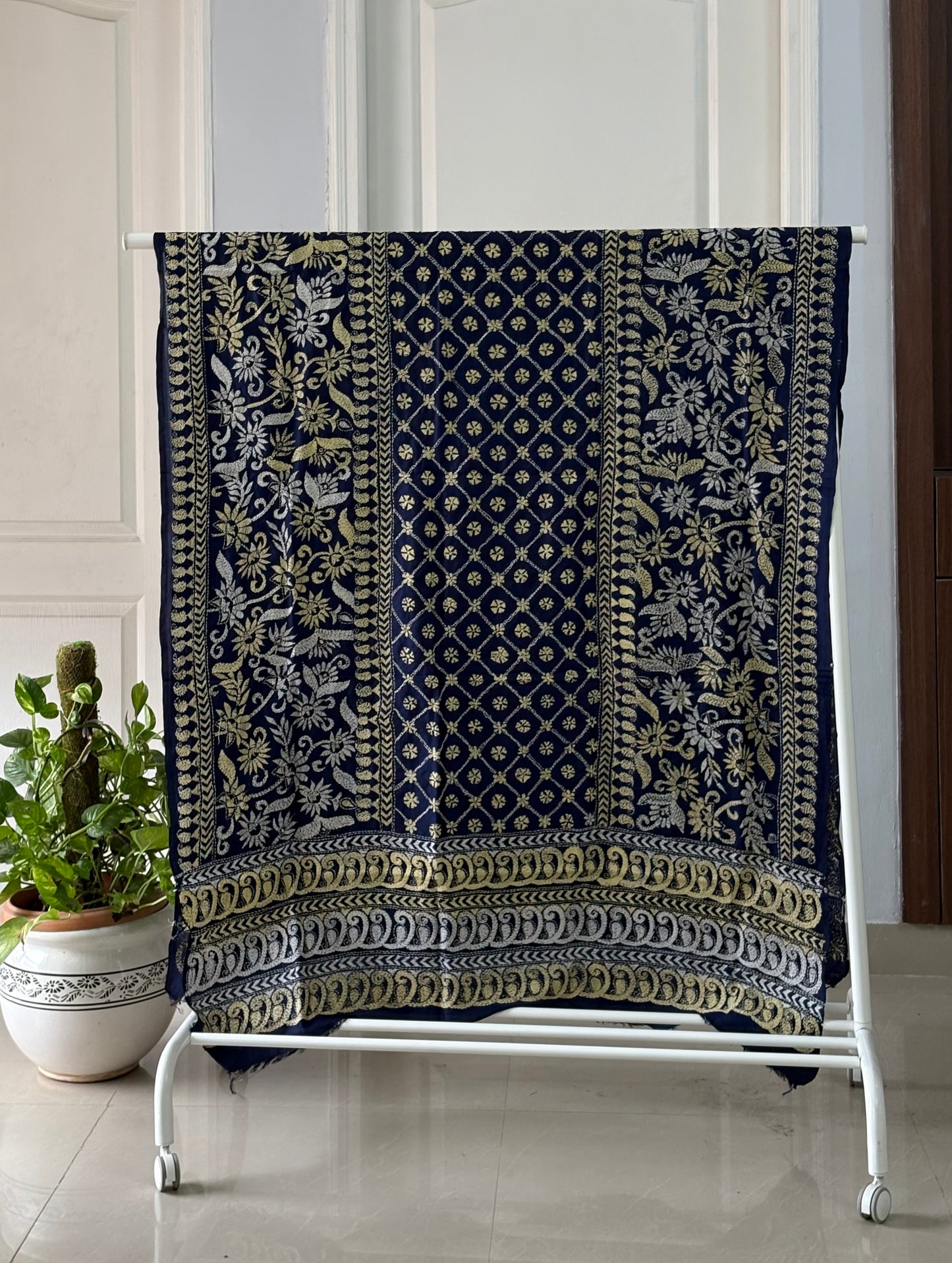 Kantha Stitch Hand Embroidary Full Work Pure Banglore Silk Dupatta - Navy Blue