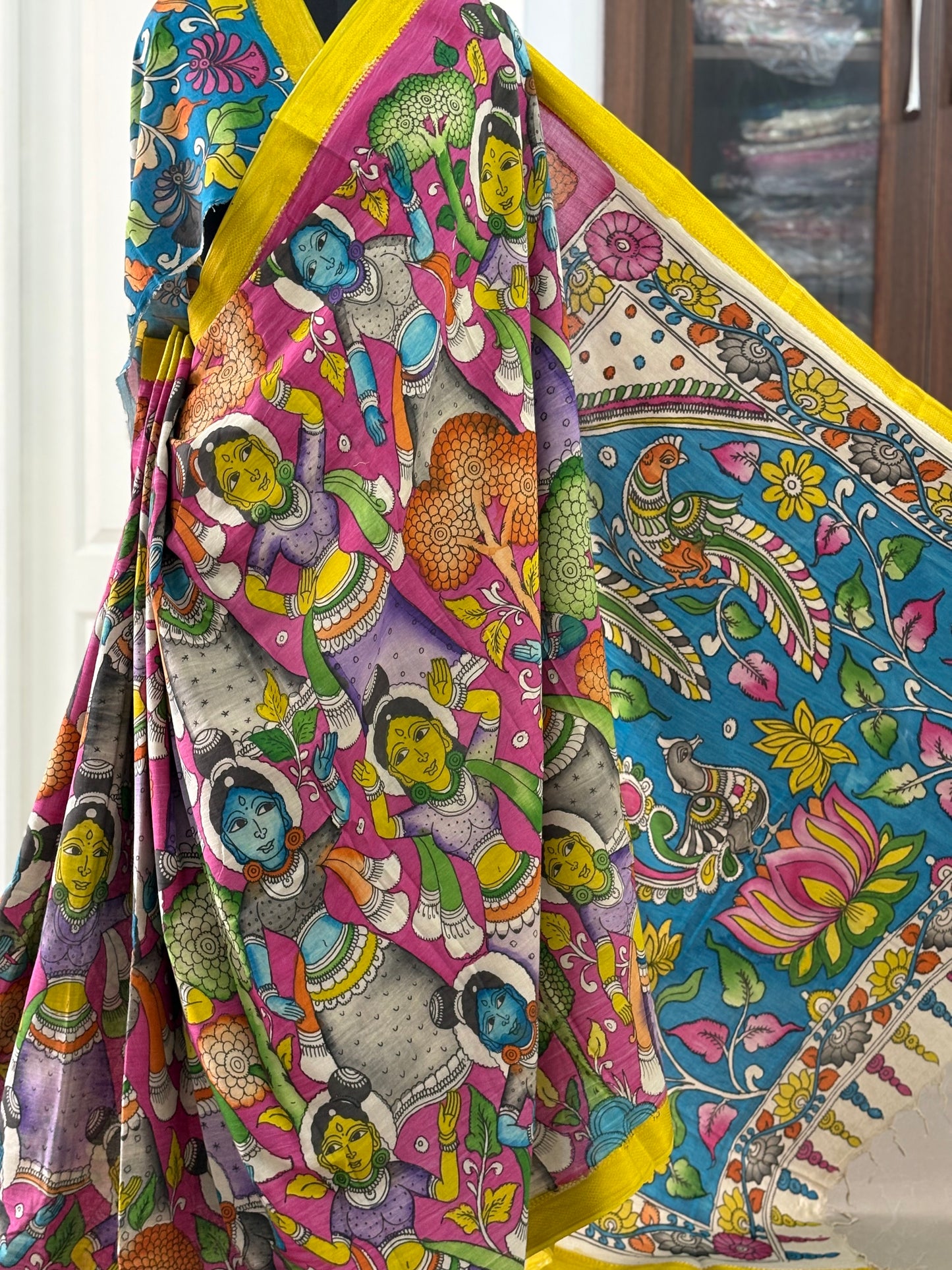 Pen Kalamkari hand painted pure cotton Saree with blouse