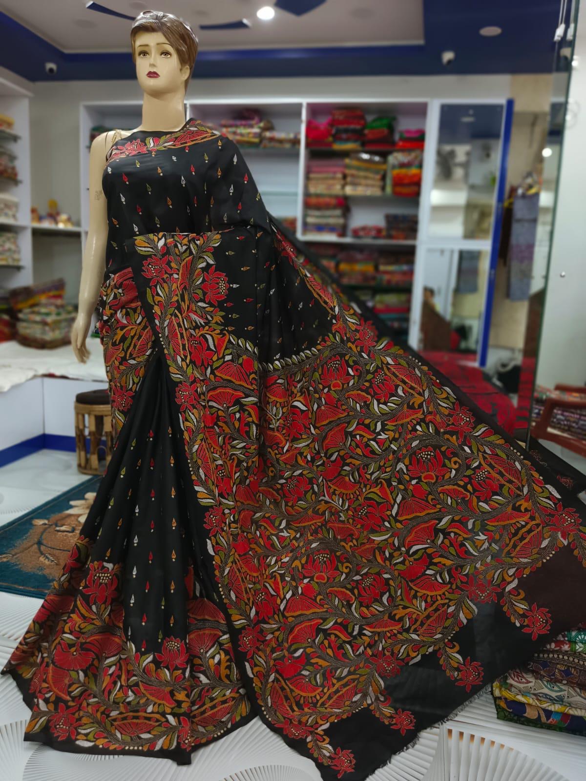 Black Kantha Stitch Hand Embroidered Pure Banglore Silk Saree (Silk Marked)