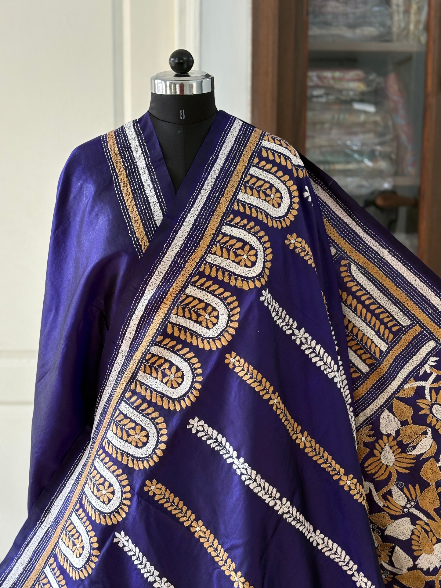 Kantha Stitch Hand Embroidered Pure Banglore Silk Saree