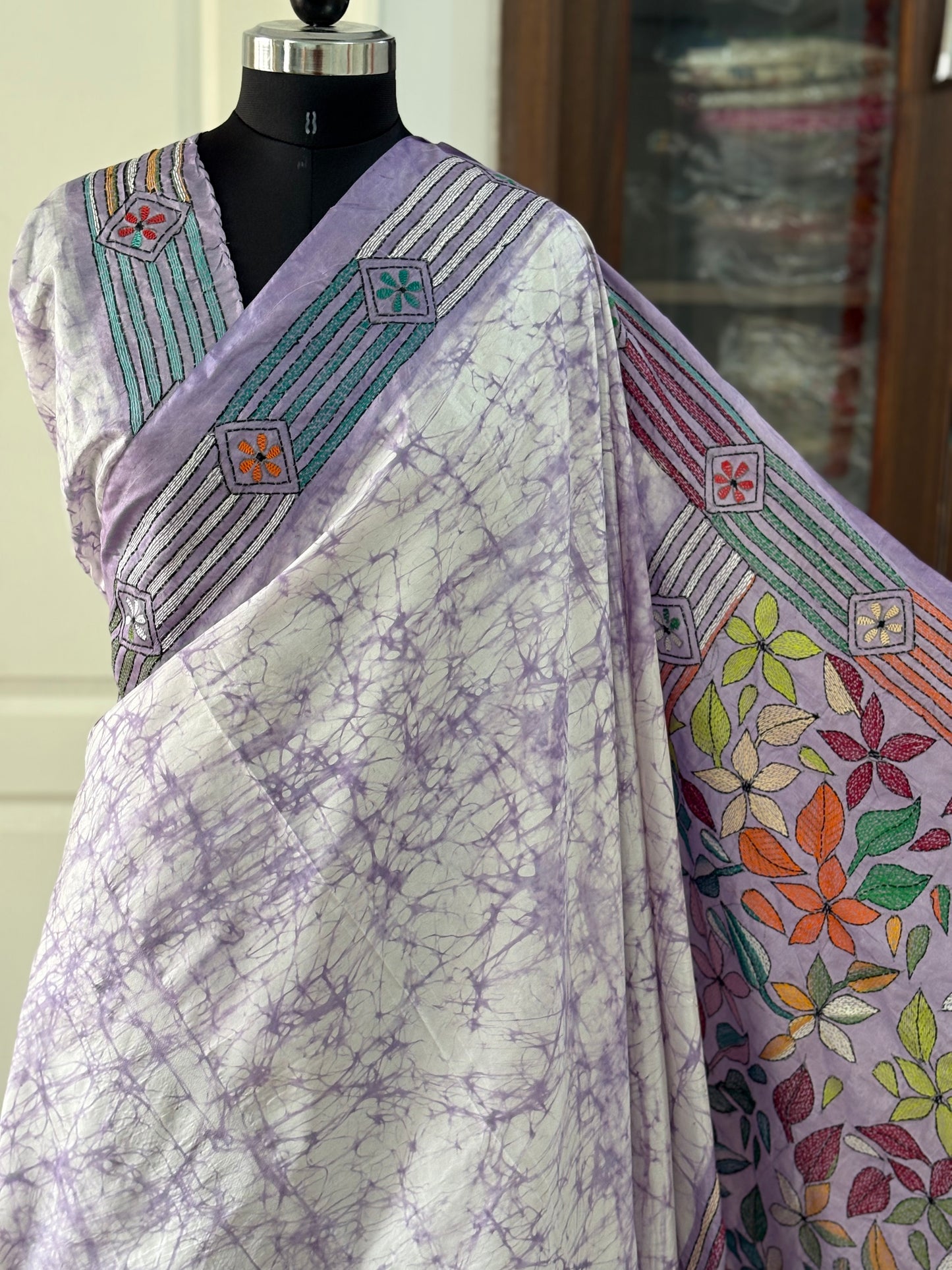 Kantha Hand Embroidered Hand Batik Art Silk Saree With Blouse