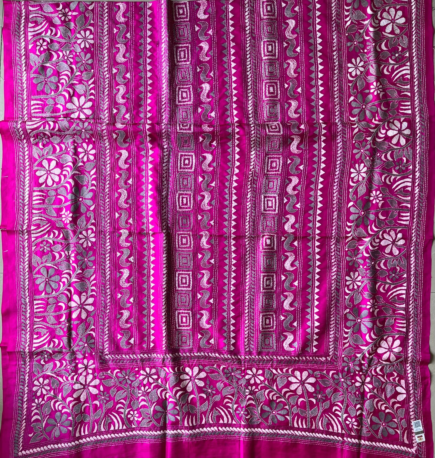 Rani Pink Kantha Stitch Hand Embroidary Full Work Pure Banglore Silk Dupatta. (With Silk Mark)