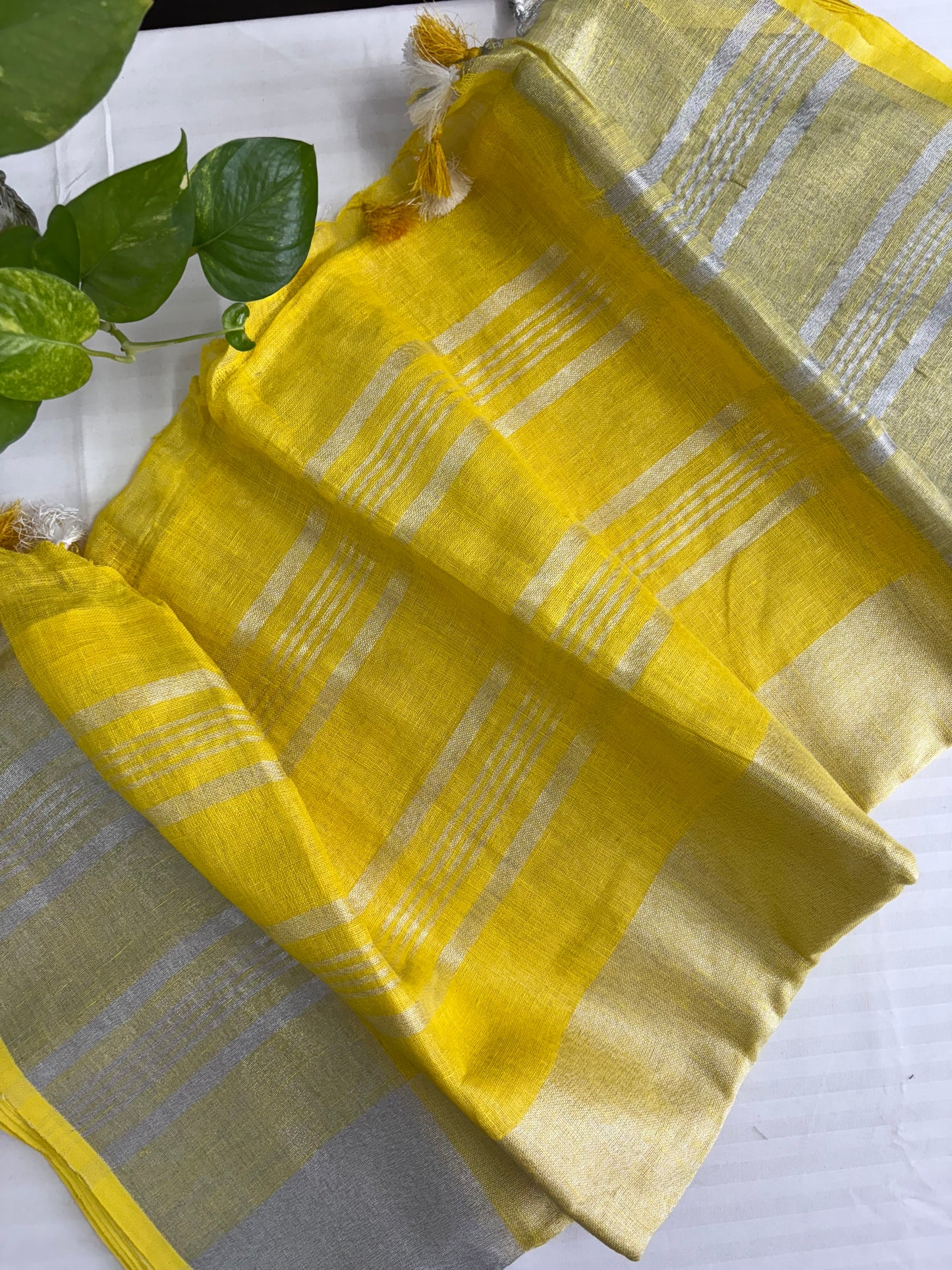 Yellow Silver pure Linen By Linen Saree With running Blouse