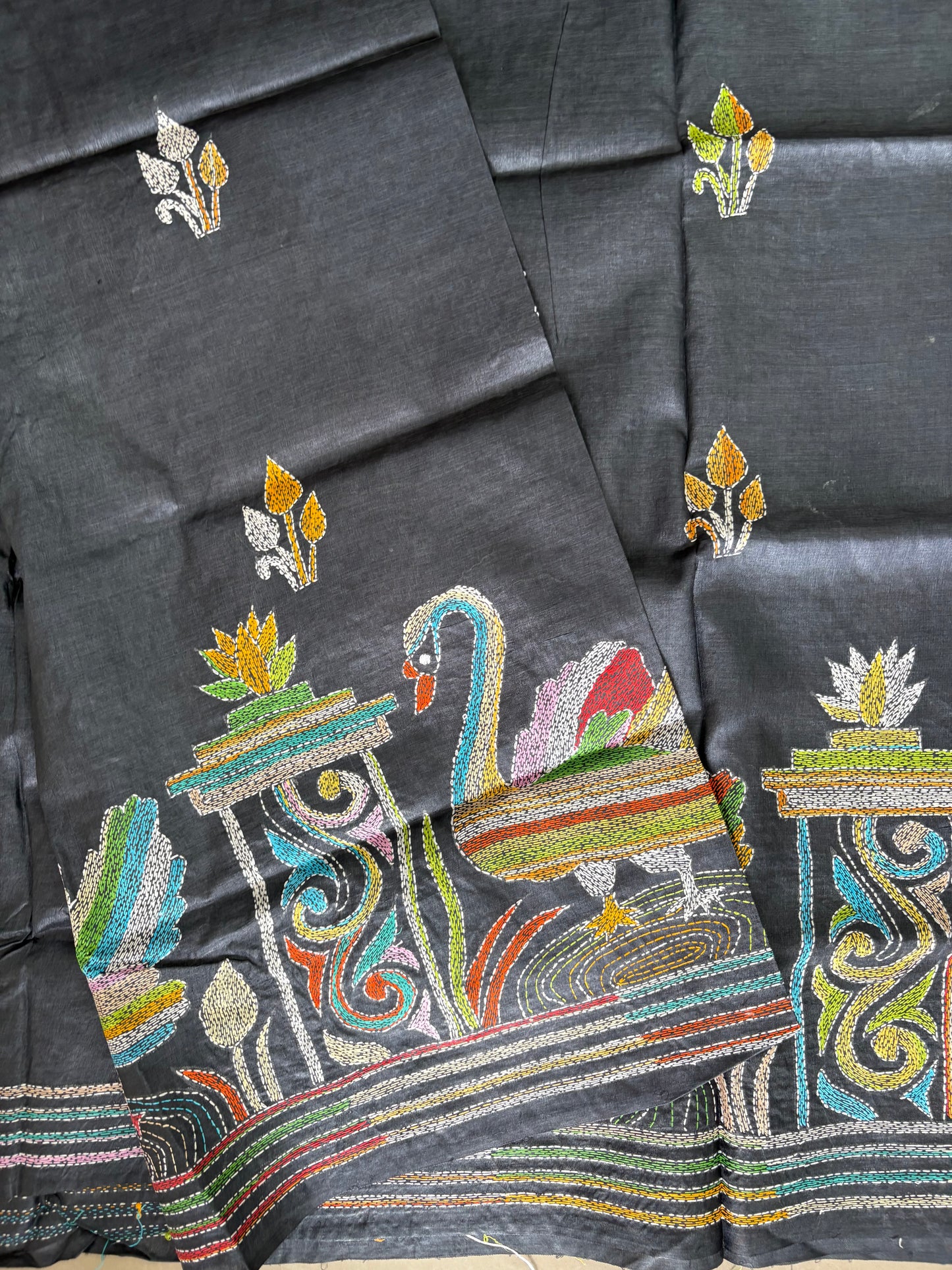 Kantha Hand Embroidered Pure Tussar Silk Saree