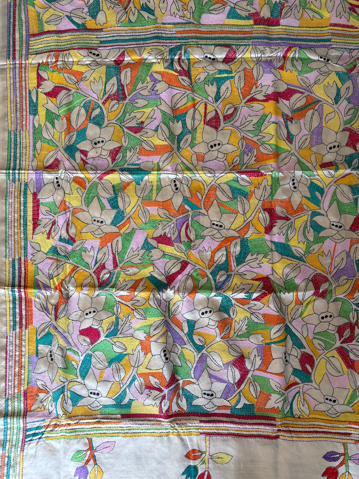 Reverse Kantha Hand Work Embroidered Art Silk Saree - Beige