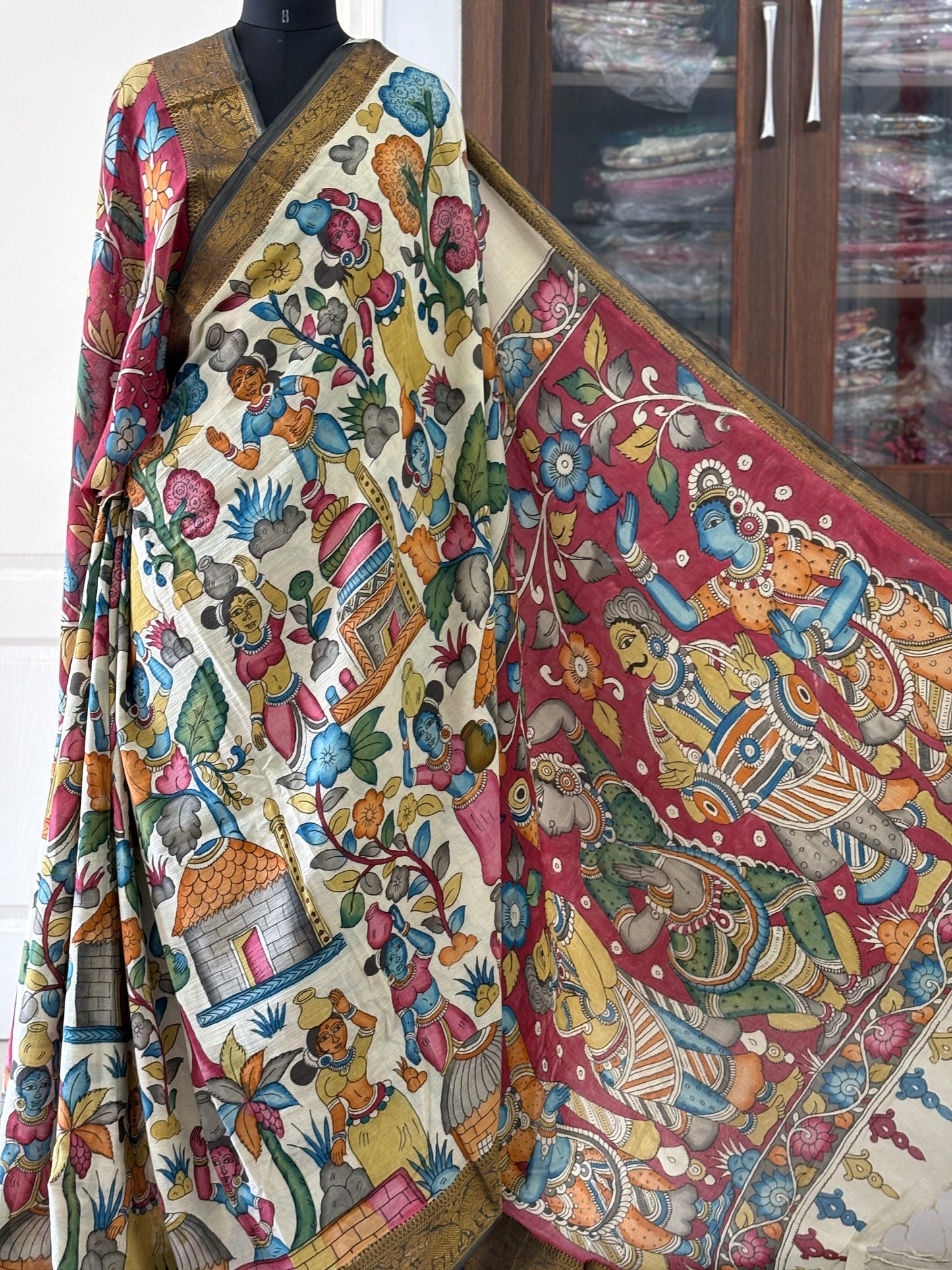 Pen Kalamkari hand painted pure cotton Saree with blouse