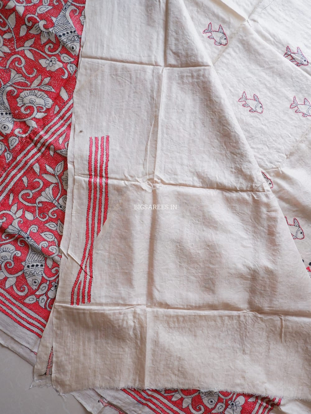 Kantha Stitch Hand Embroidered Saree | Pure Gachi Tussar Silk | Silk Mark Certified | Beige