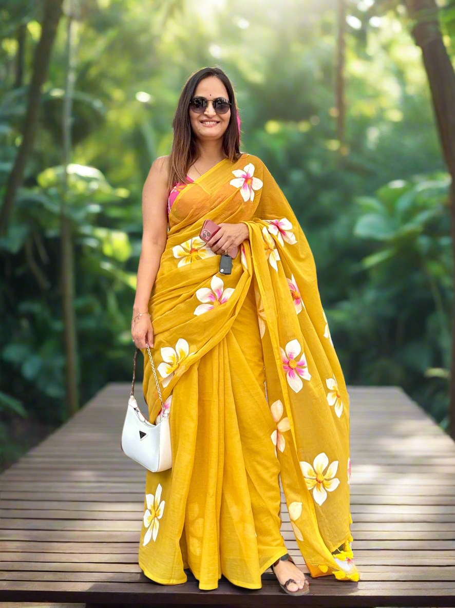 Hand Painted Mul Cotton Saree - Mustard