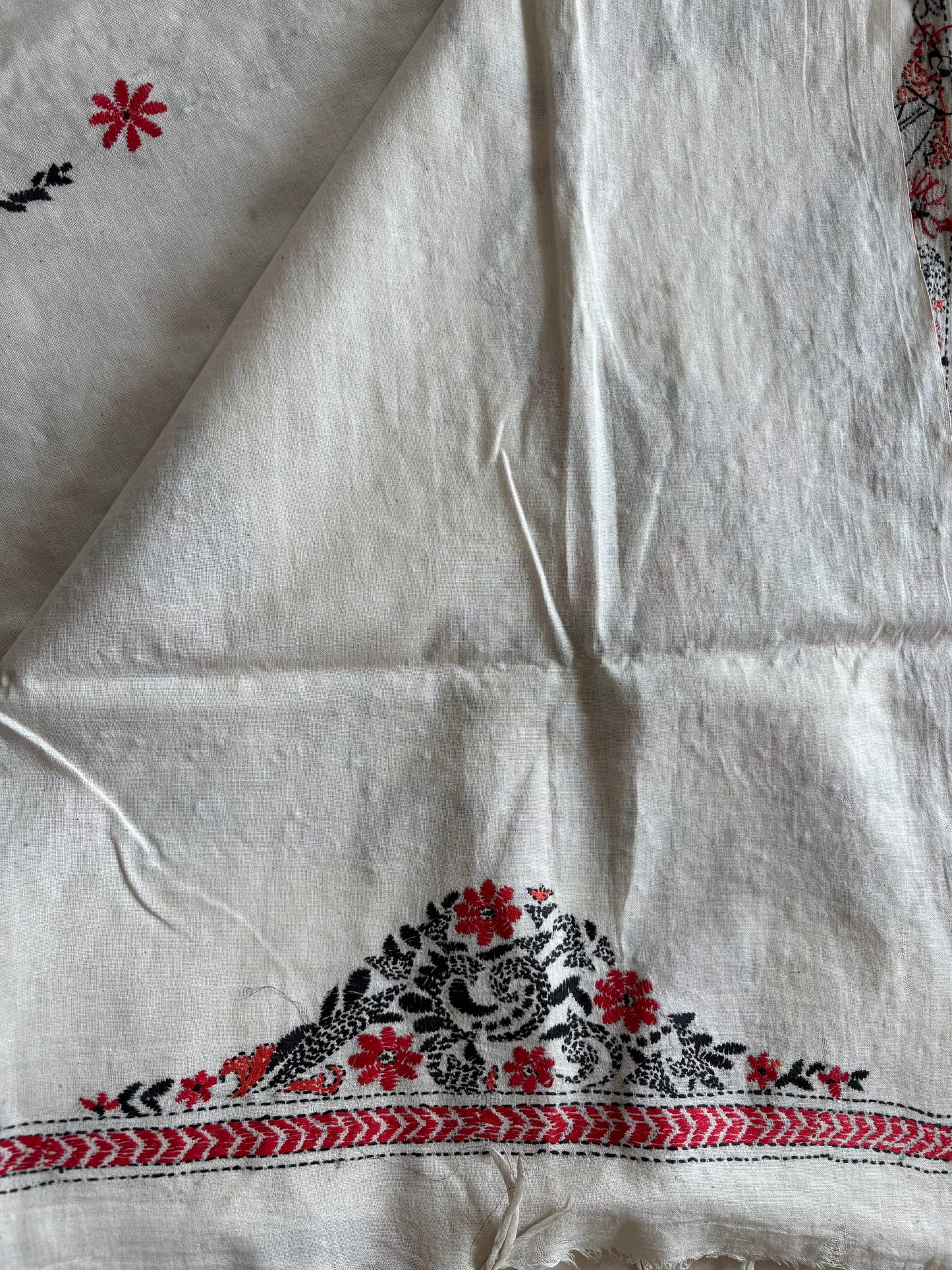 Kantha stitch Khadi Cotton Saree - Off white